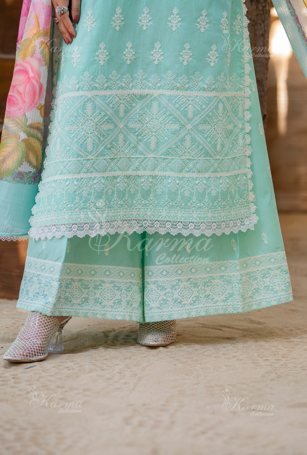 Karma Aqua Mint Thread Work 3 Piece Stitched Suit - Product Image 2