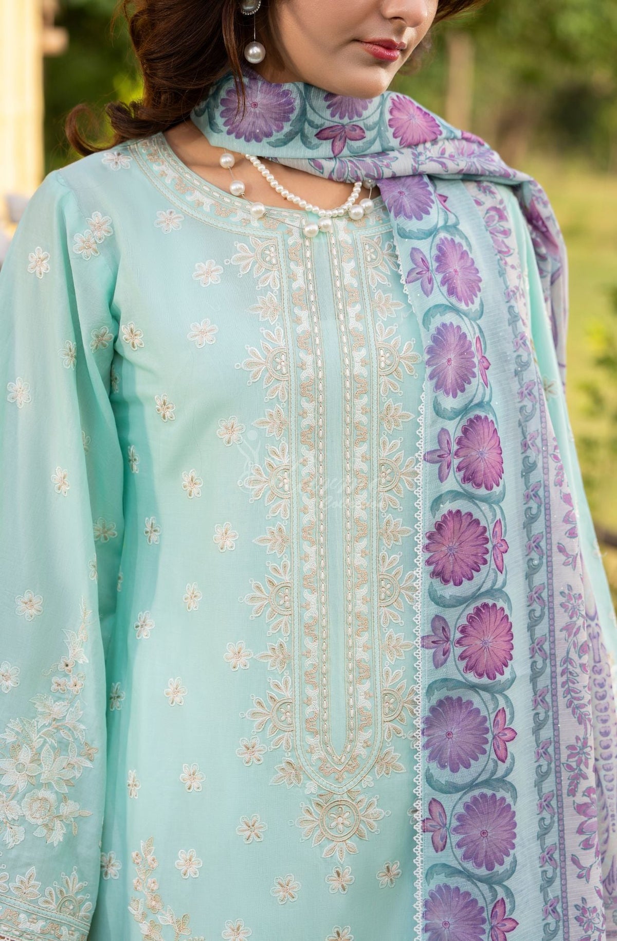Karma collection | Ice Blue | Multi-Thread Embroidered Cotton 3 Piece Suit | Printed Sequin Dupatta
