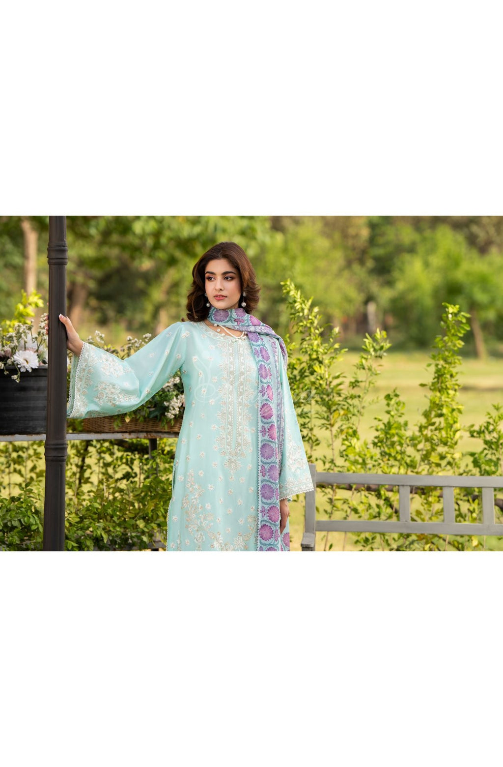 Karma collection | Ice Blue | Multi-Thread Embroidered Cotton 3 Piece Suit | Printed Sequin Dupatta