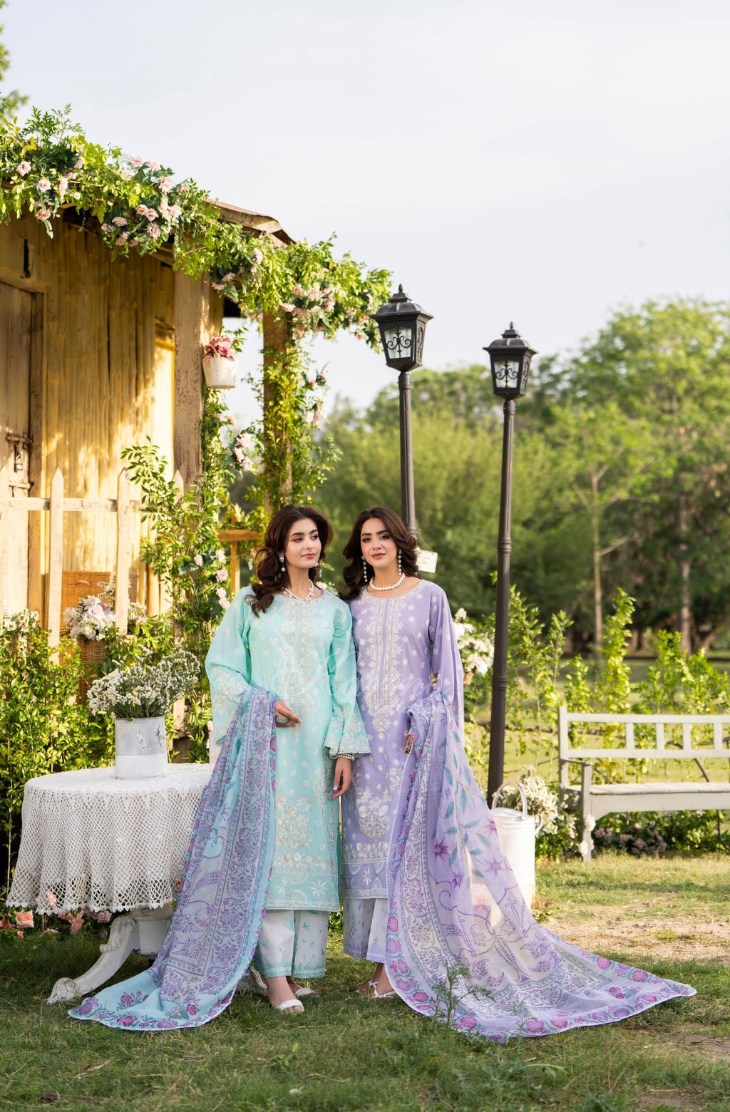 Karma collection | Ice Blue | Multi-Thread Embroidered Cotton 3 Piece Suit | Printed Sequin Dupatta