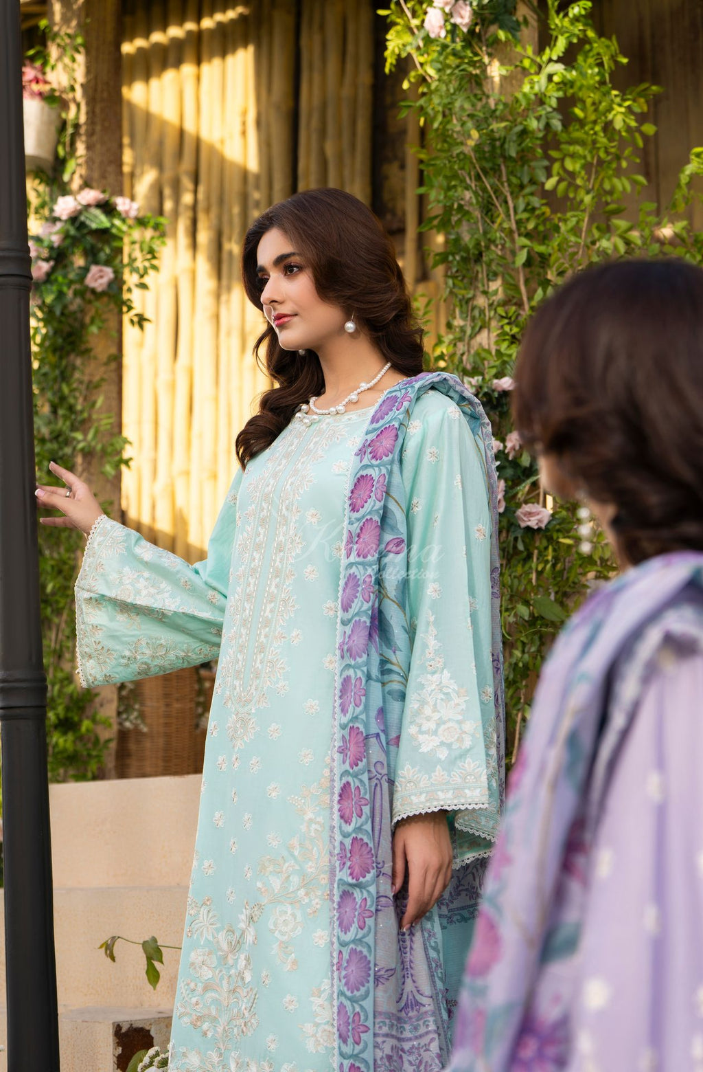 Karma collection | Ice Blue | Multi-Thread Embroidered Cotton 3 Piece Suit | Printed Sequin Dupatta