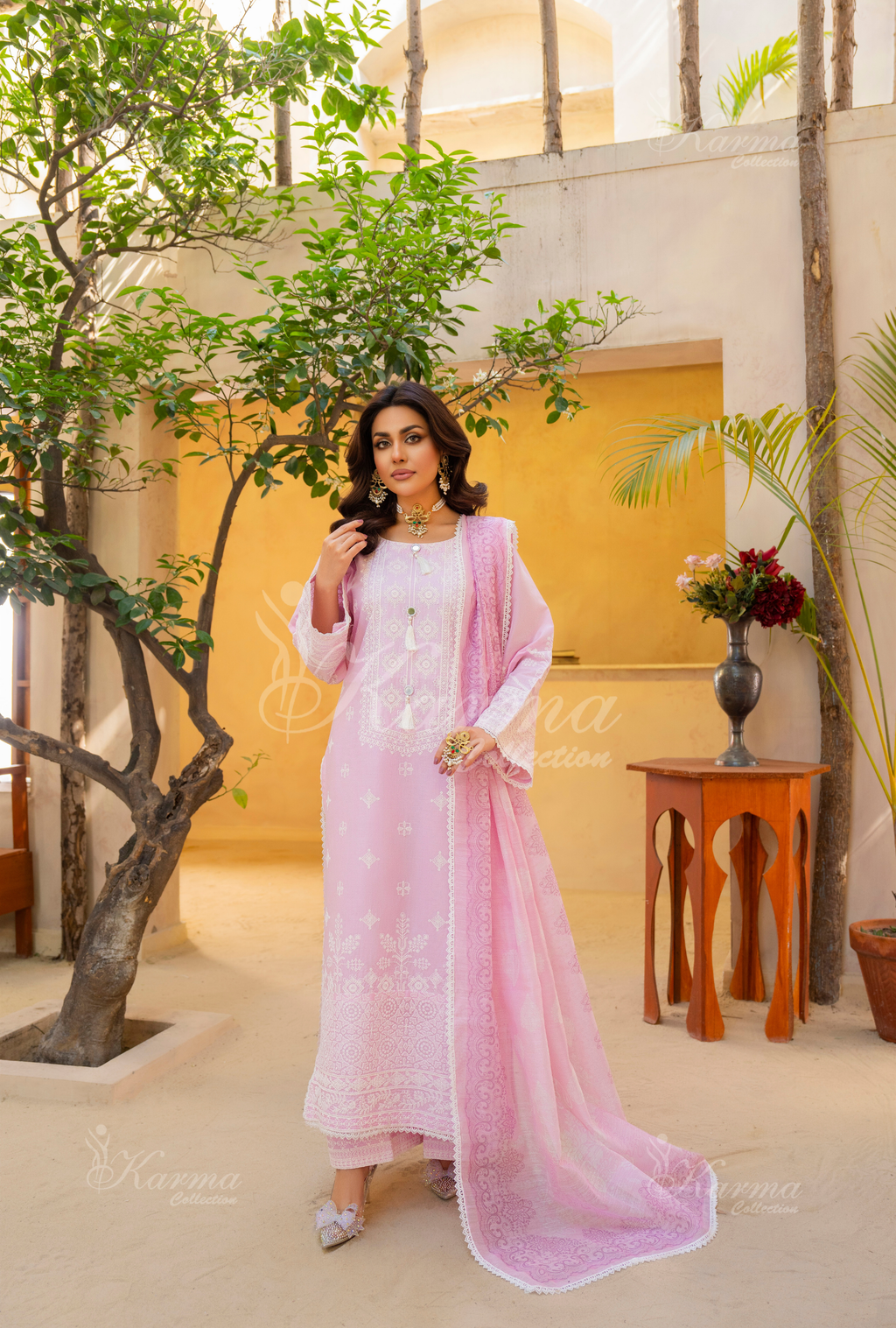 Karma Petal Pink Chikankari Cotton 3 Piece Stitched Suit - Product Image 1