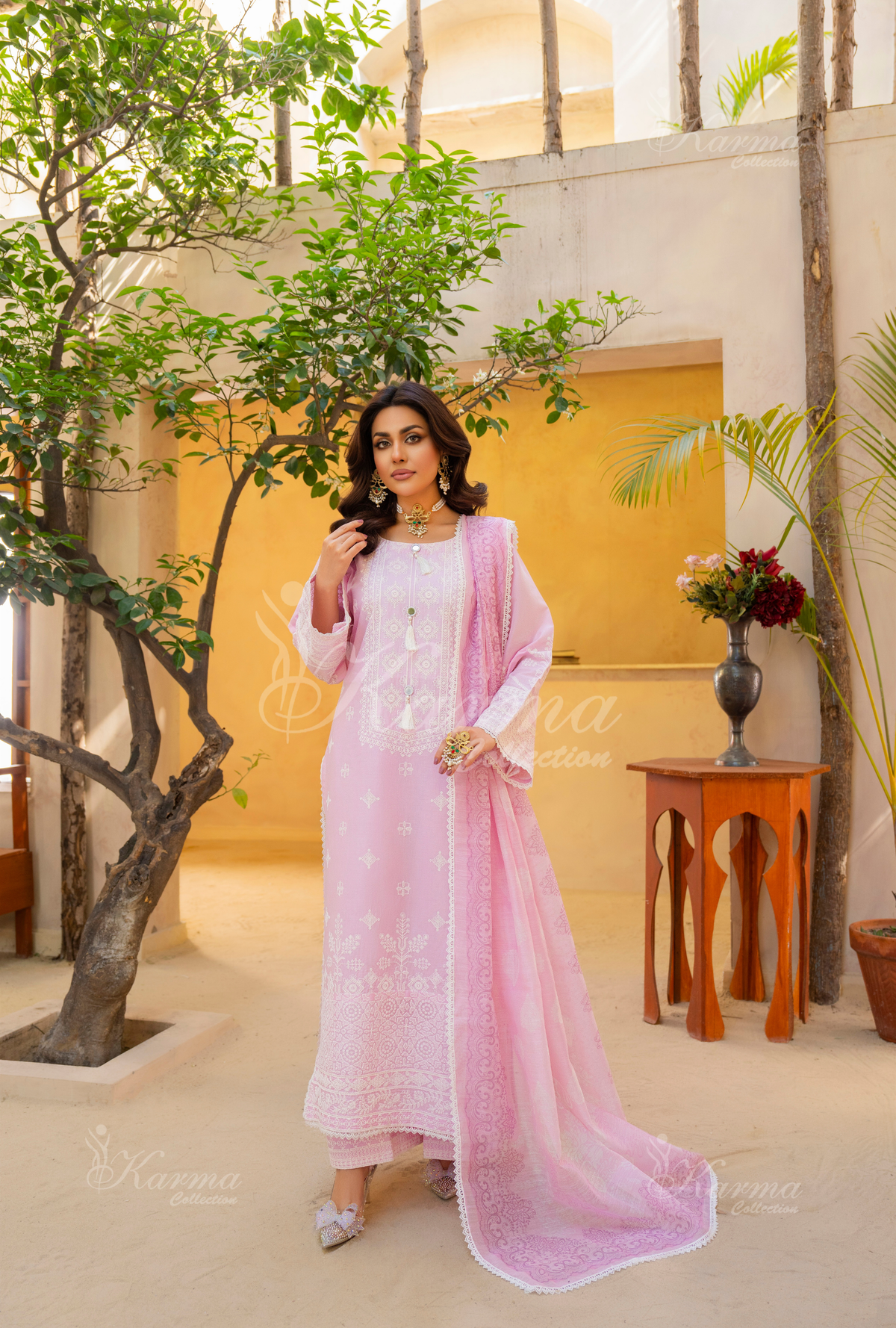 Karma Petal Pink Chikankari Cotton 3 Piece Stitched Suit - Product Image 1