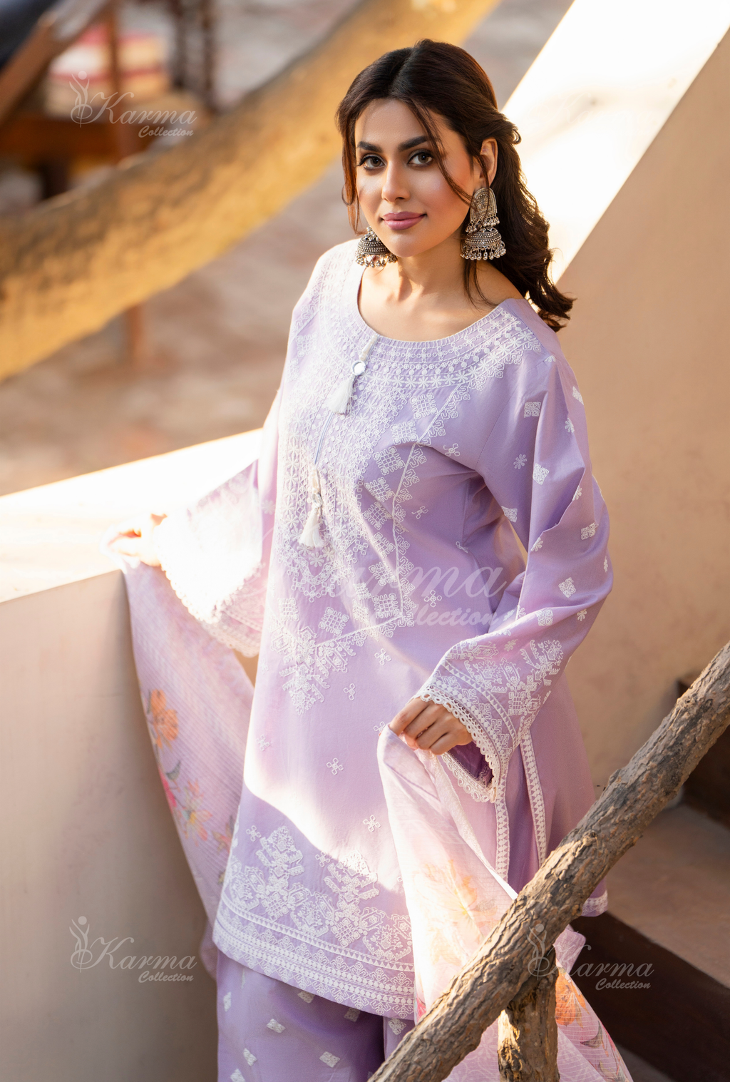 Karma Mauve Embroidered Short Shirt Farshi Shalwar 3 Piece Suit - Product Image 5