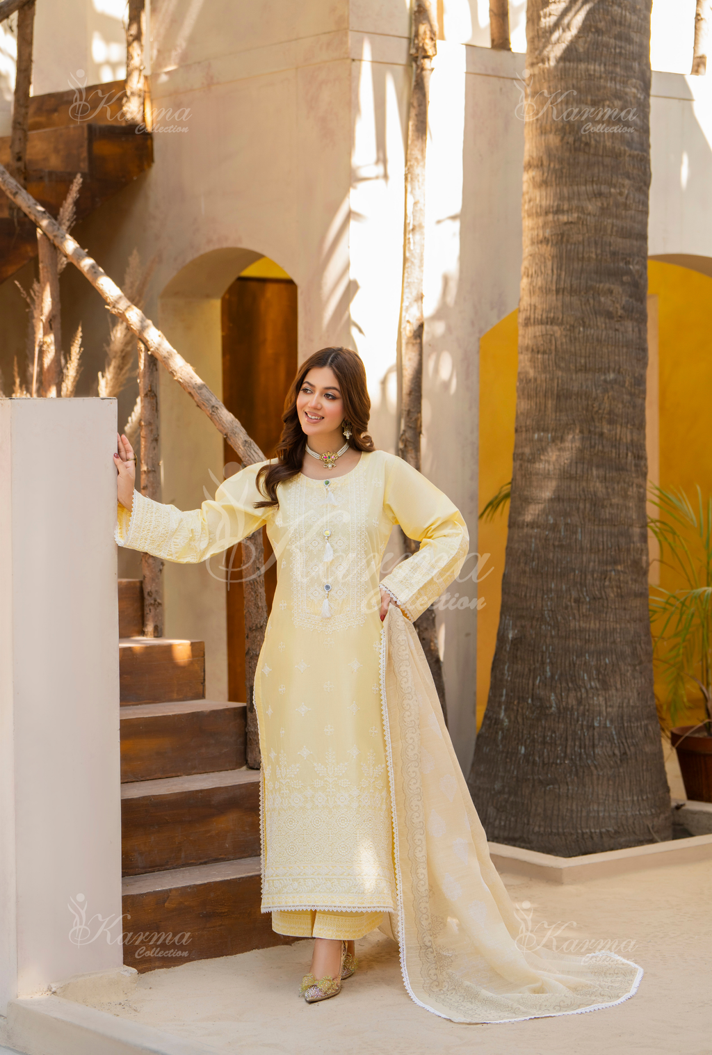 Karma Lemon Chikankari Cotton 3 Piece Stitched Suit - Product Image 1