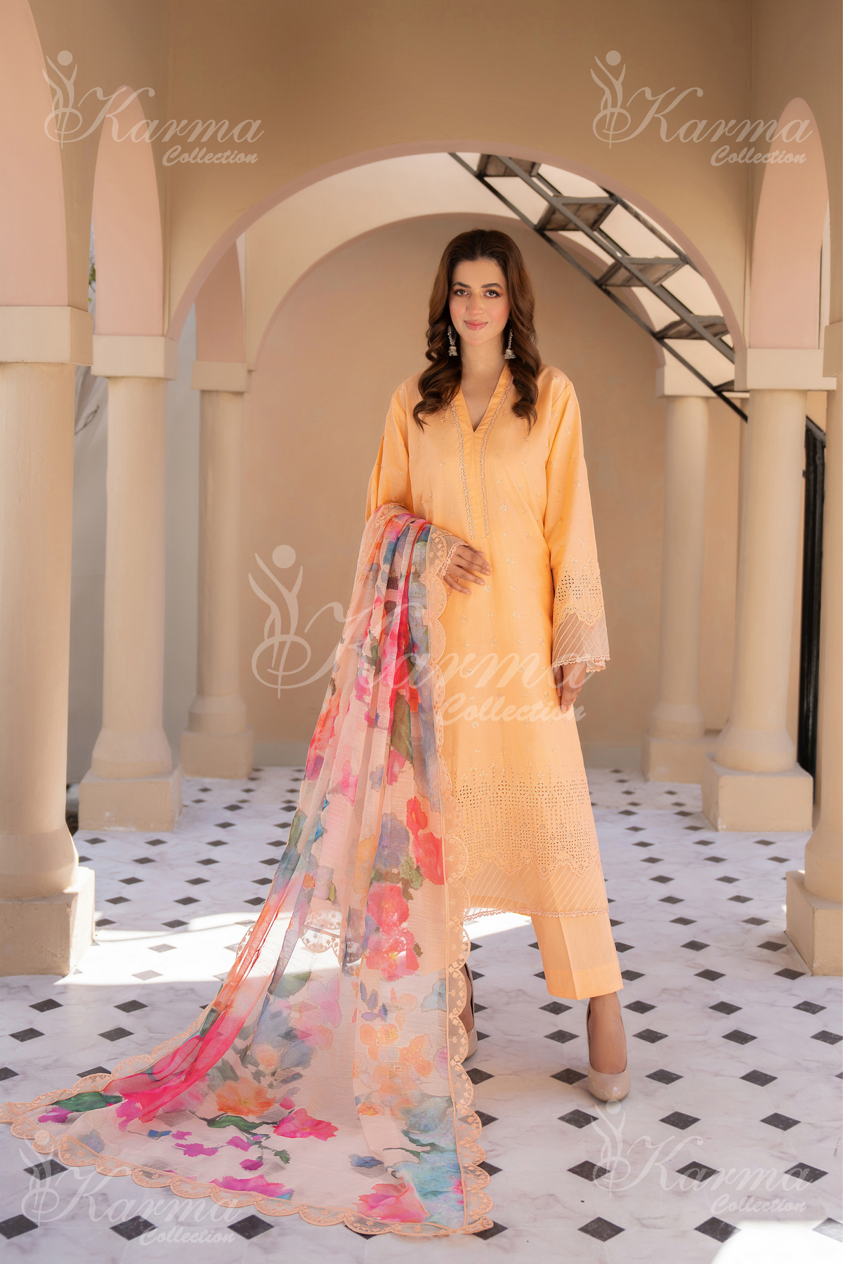 Karma Peach Puff Chikankari Cotton 3 Piece Stitched Suit - Product Image 1