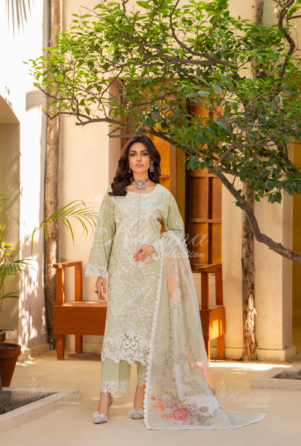 Karma Moss Glow Chikankari Cotton 3 Piece Stitched Suit - Product Image 1