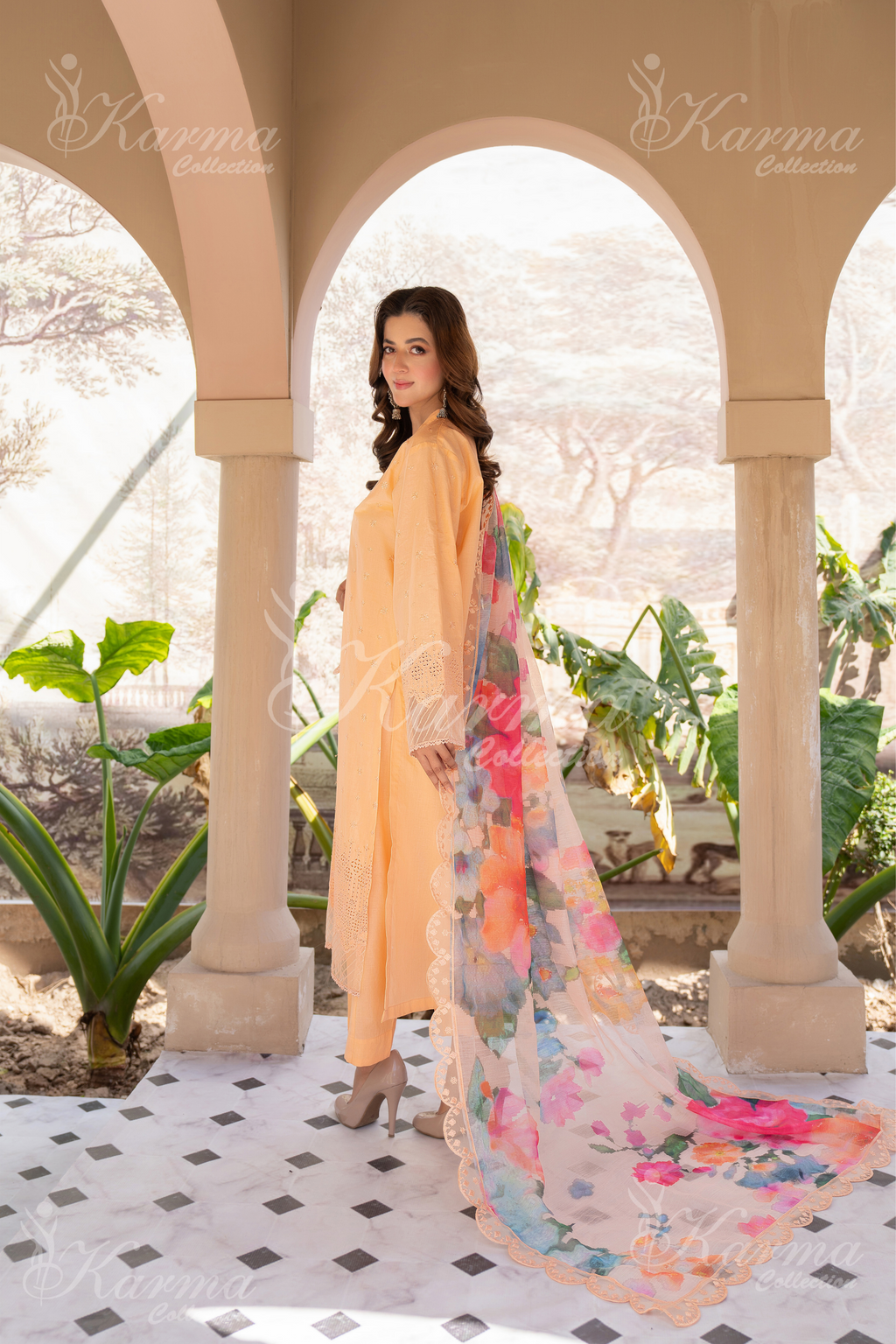 Karma Peach Puff Chikankari Cotton 3 Piece Stitched Suit - Product Image 2