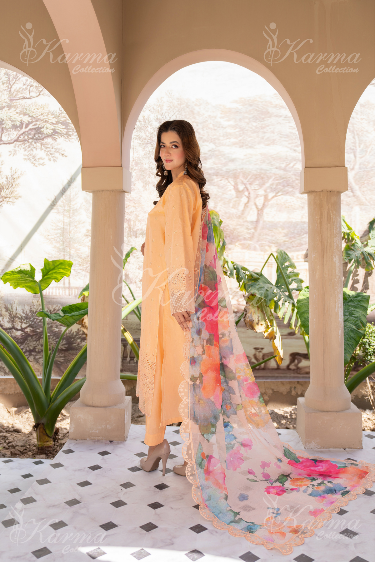 Karma Peach Puff Chikankari Cotton 3 Piece Stitched Suit - Product Image 2