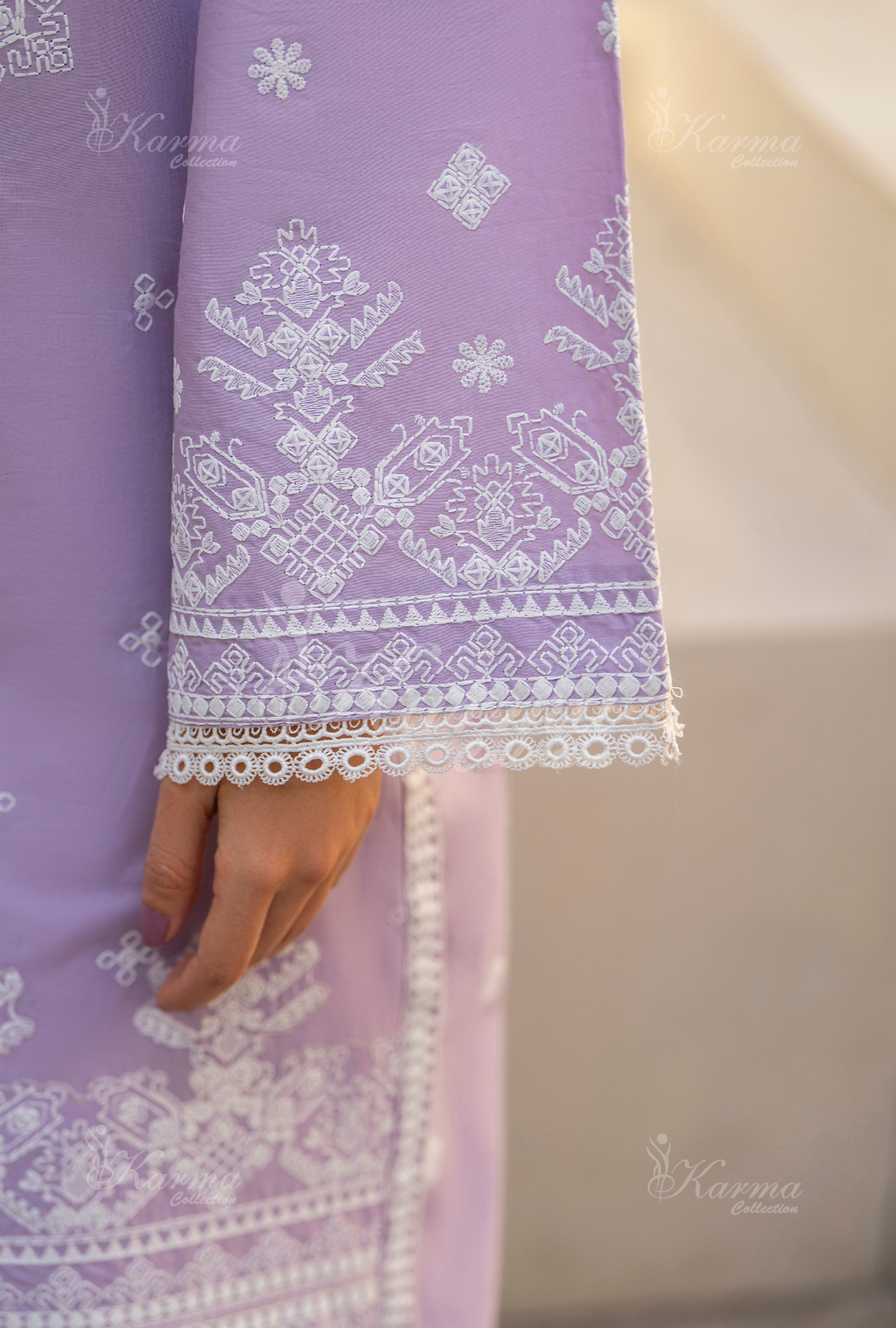 Karma Mauve Embroidered Short Shirt Farshi Shalwar 3 Piece Suit - Product Image 2