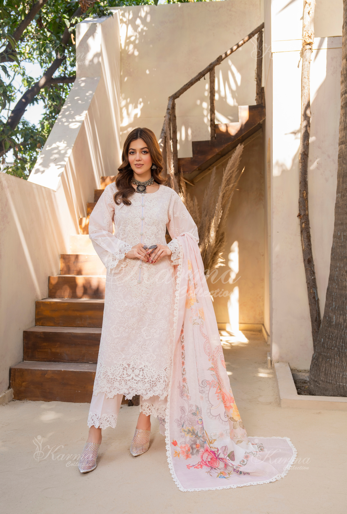 Karma Nude Pink Chikankari Cotton 3 Piece Stitched Suit - Product Image 1