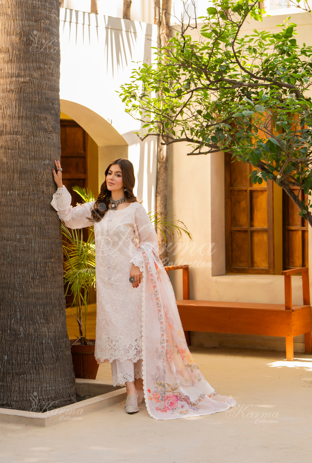 Karma Nude Pink Chikankari Cotton 3 Piece Stitched Suit - Product Image 3