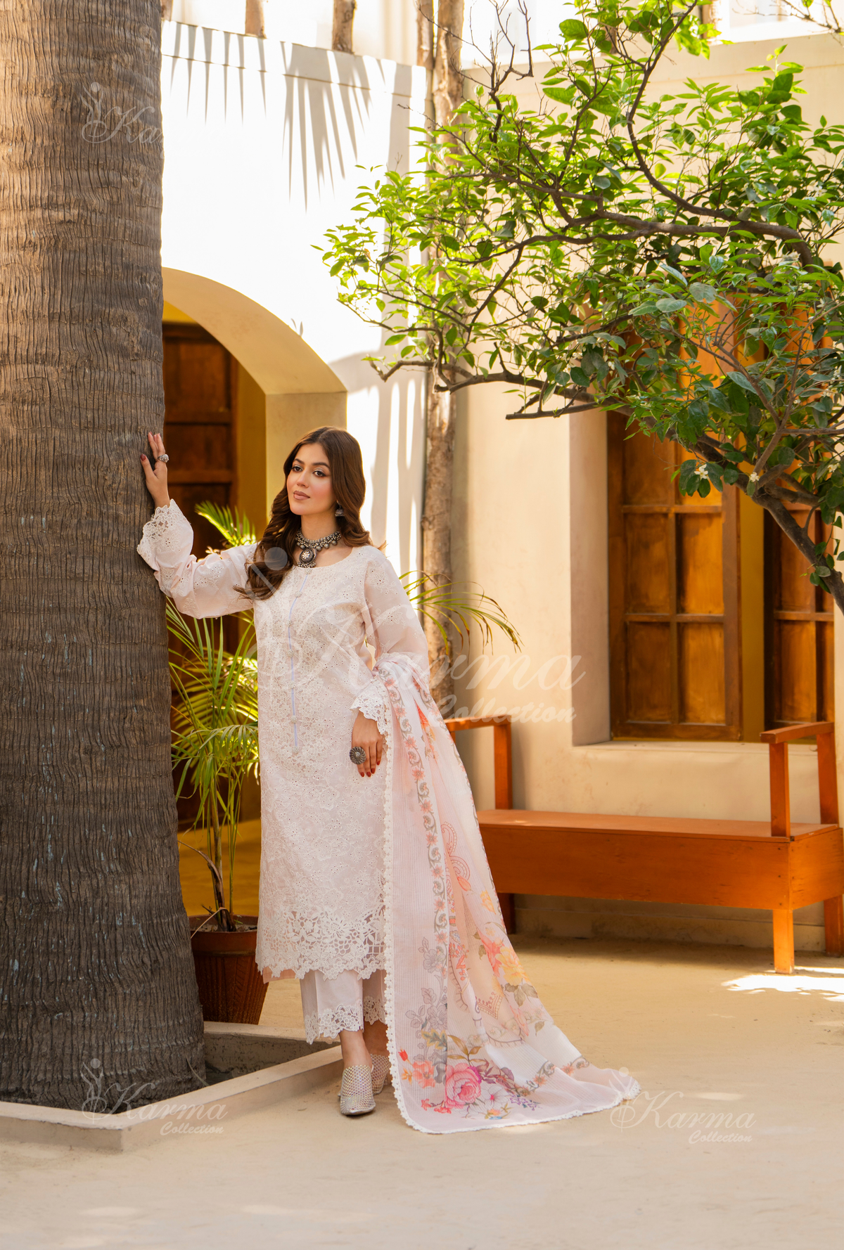 Karma Nude Pink Chikankari Cotton 3 Piece Stitched Suit - Product Image 3