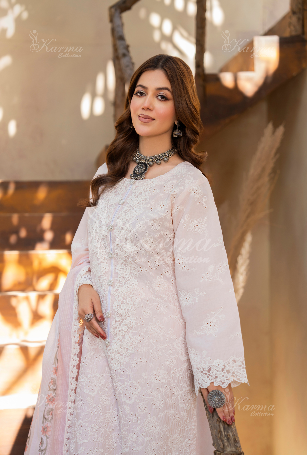 Karma Nude Pink Chikankari Cotton 3 Piece Stitched Suit - Product Image 5