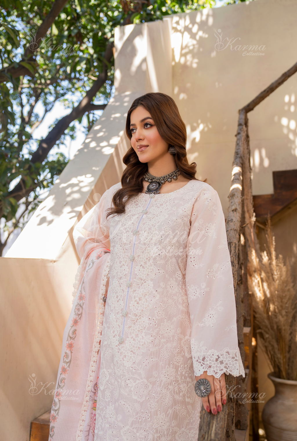 Karma Nude Pink Chikankari Cotton 3 Piece Stitched Suit - Product Image 6