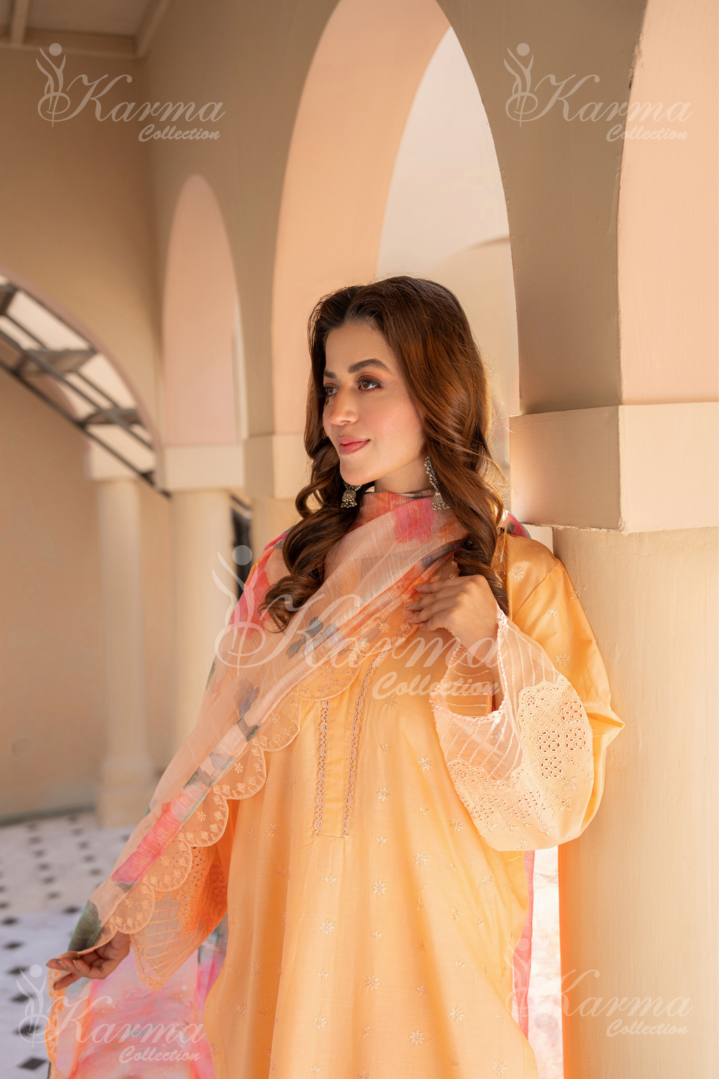 Karma Peach Puff Chikankari Cotton 3 Piece Stitched Suit - Product Image 4