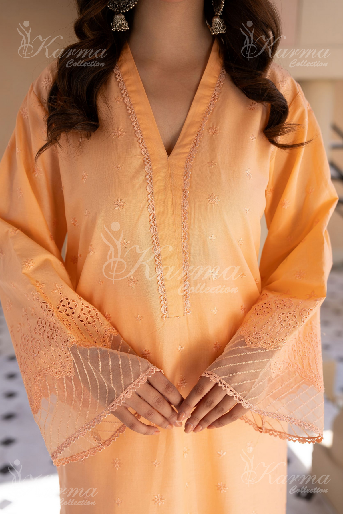 Karma Peach Puff Chikankari Cotton 3 Piece Stitched Suit - Product Image 5