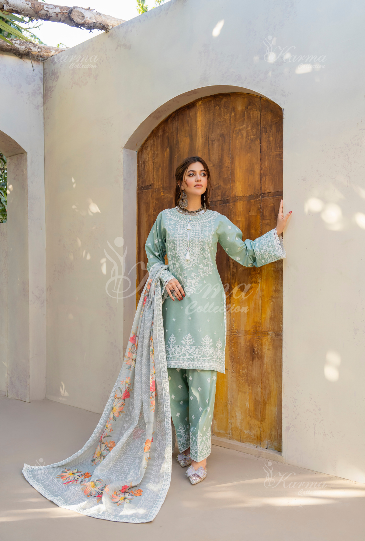 Karma Sage Green Embroidered Short Shirt Farshi Shalwar 3 Piece Suit - Product Image 1