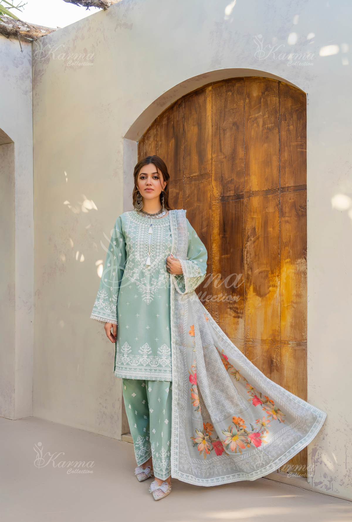 Karma Sage Green Embroidered Short Shirt Farshi Shalwar 3 Piece Suit - Product Image 7