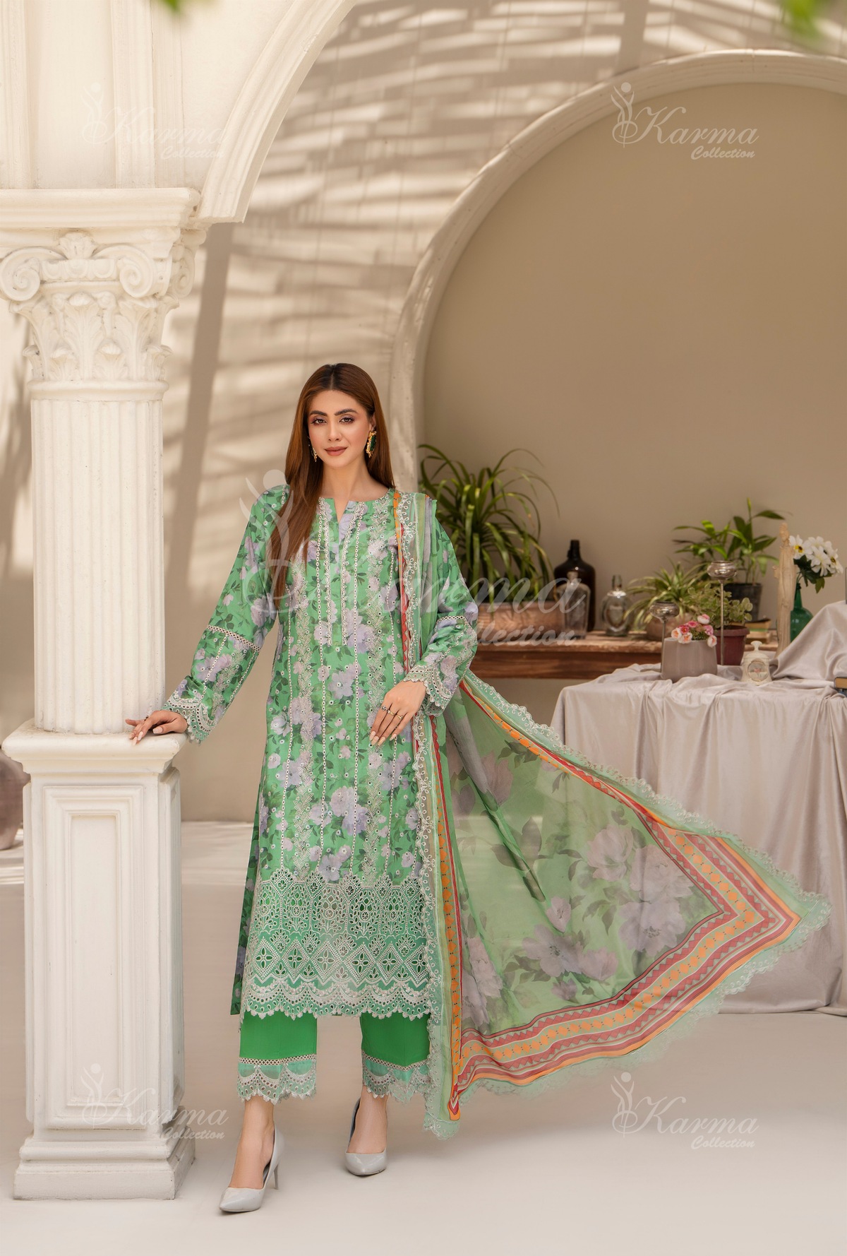Karma Mint Green Chikankari Lawn 3 Piece Stitched Suit