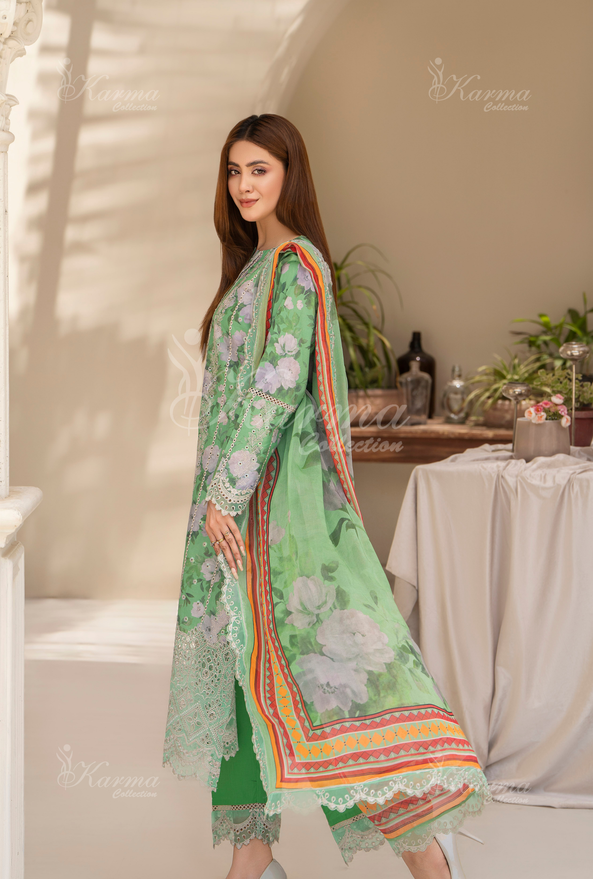Karma Mint Green Chikankari Lawn 3 Piece Stitched Suit