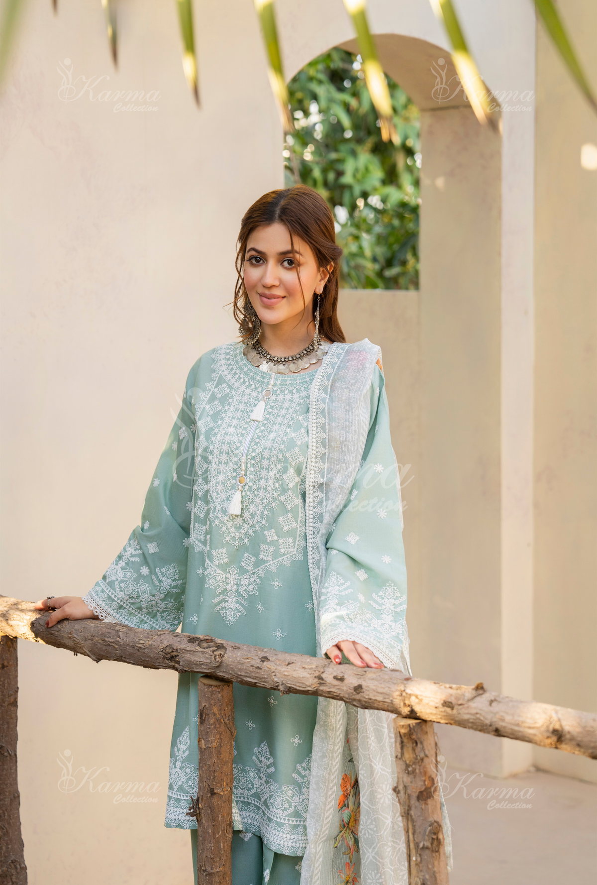 Karma Sage Green Embroidered Short Shirt Farshi Shalwar 3 Piece Suit - Product Image 5