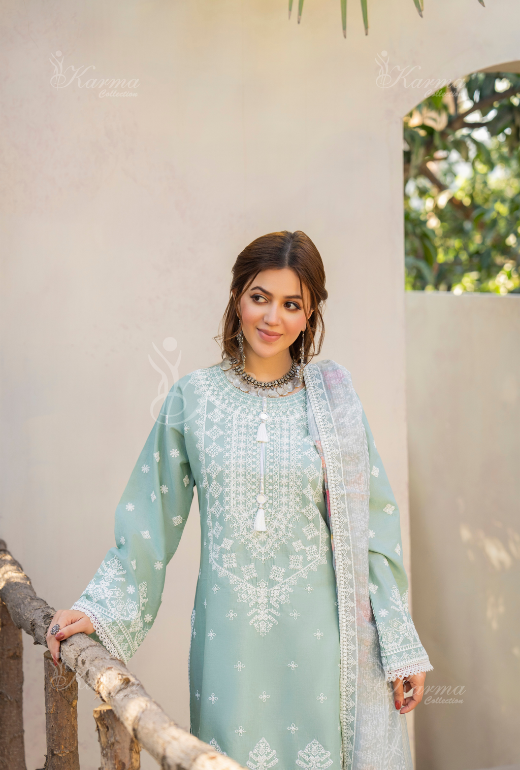 Karma Sage Green Embroidered Short Shirt Farshi Shalwar 3 Piece Suit - Product Image 6