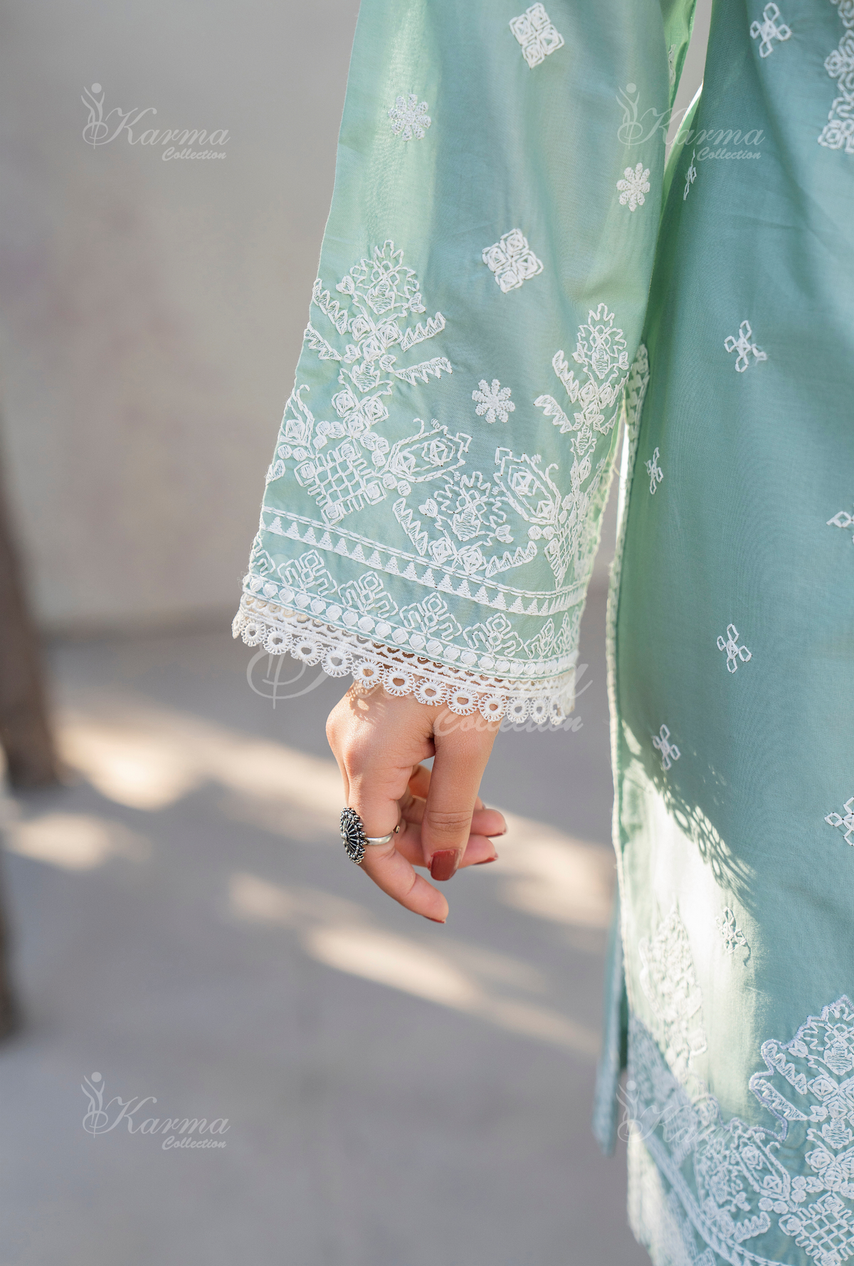 Karma Sage Green Embroidered Short Shirt Farshi Shalwar 3 Piece Suit - Product Image 2