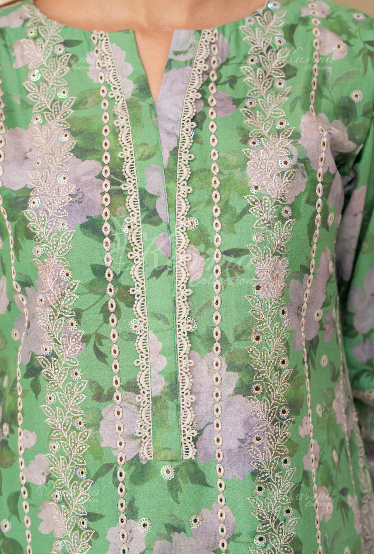 Karma Mint Green Chikankari Lawn 3 Piece Stitched Suit