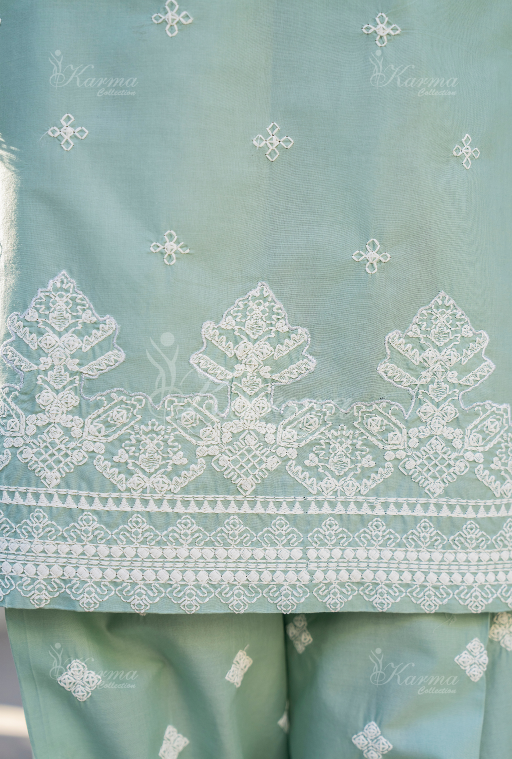 Karma Sage Green Embroidered Short Shirt Farshi Shalwar 3 Piece Suit - Product Image 3
