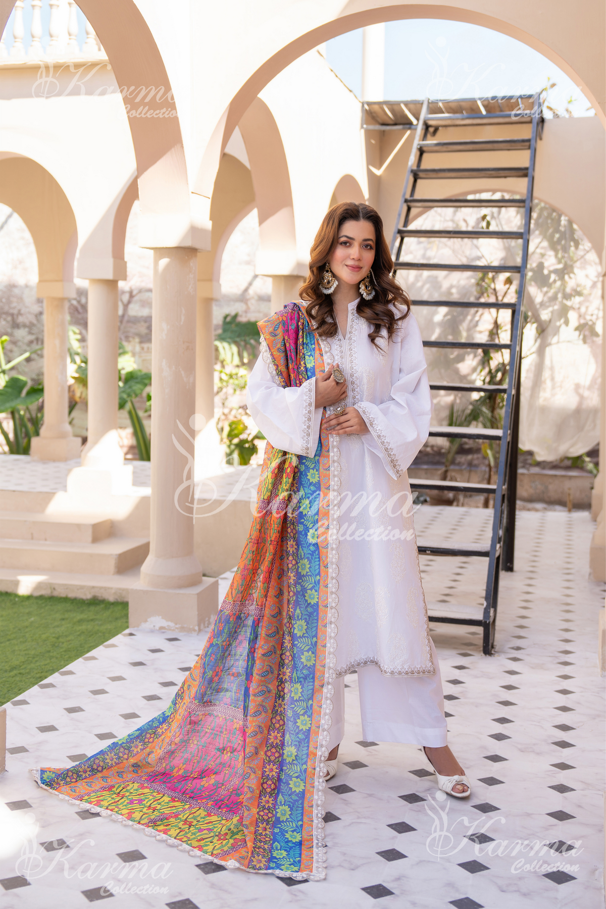 Karma White Chikankari Cotton 3 Piece Stitched Suit - Product Image 1