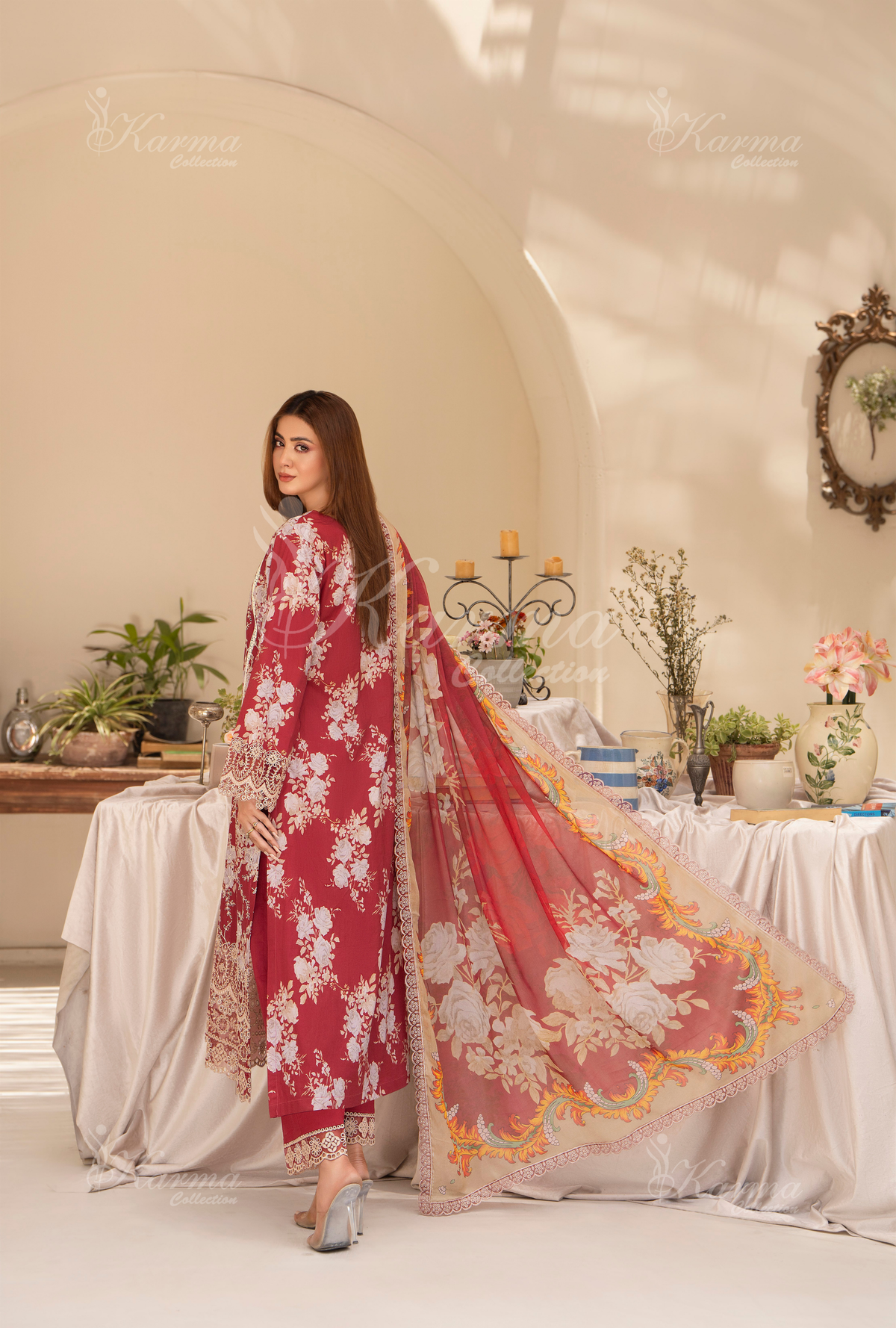 Karma Blush Red Chikankari Lawn 3 Piece Stitched Suit