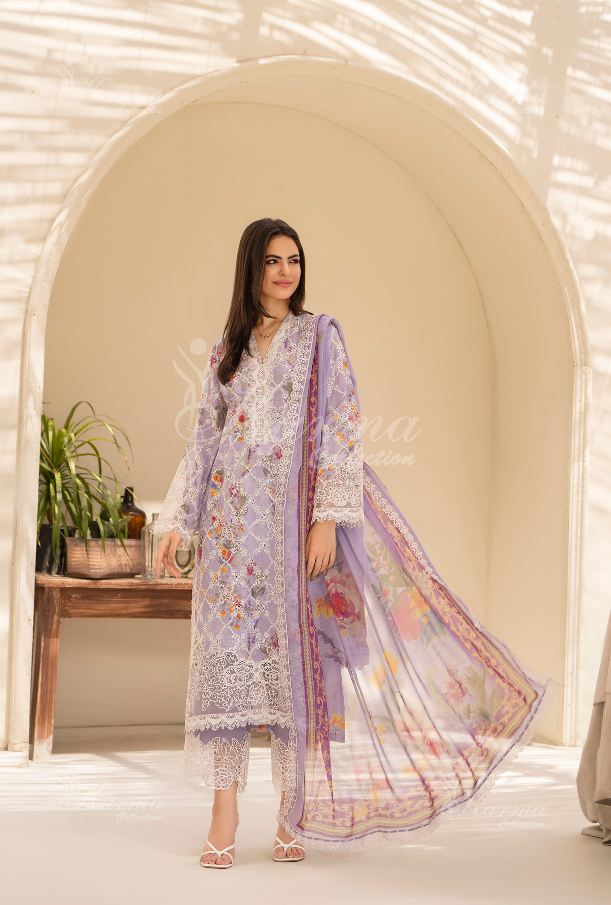 Karma Pastel Purple Chikankari Lawn 3 Piece Stitched Suit