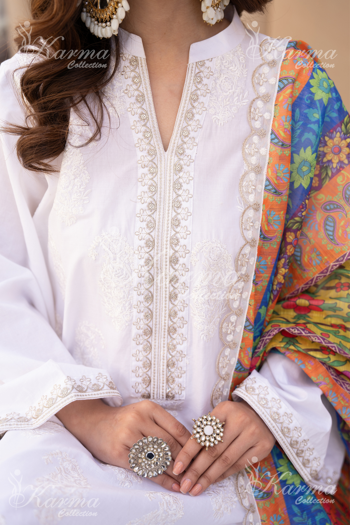 Karma White Chikankari Cotton 3 Piece Stitched Suit - Product Image 5