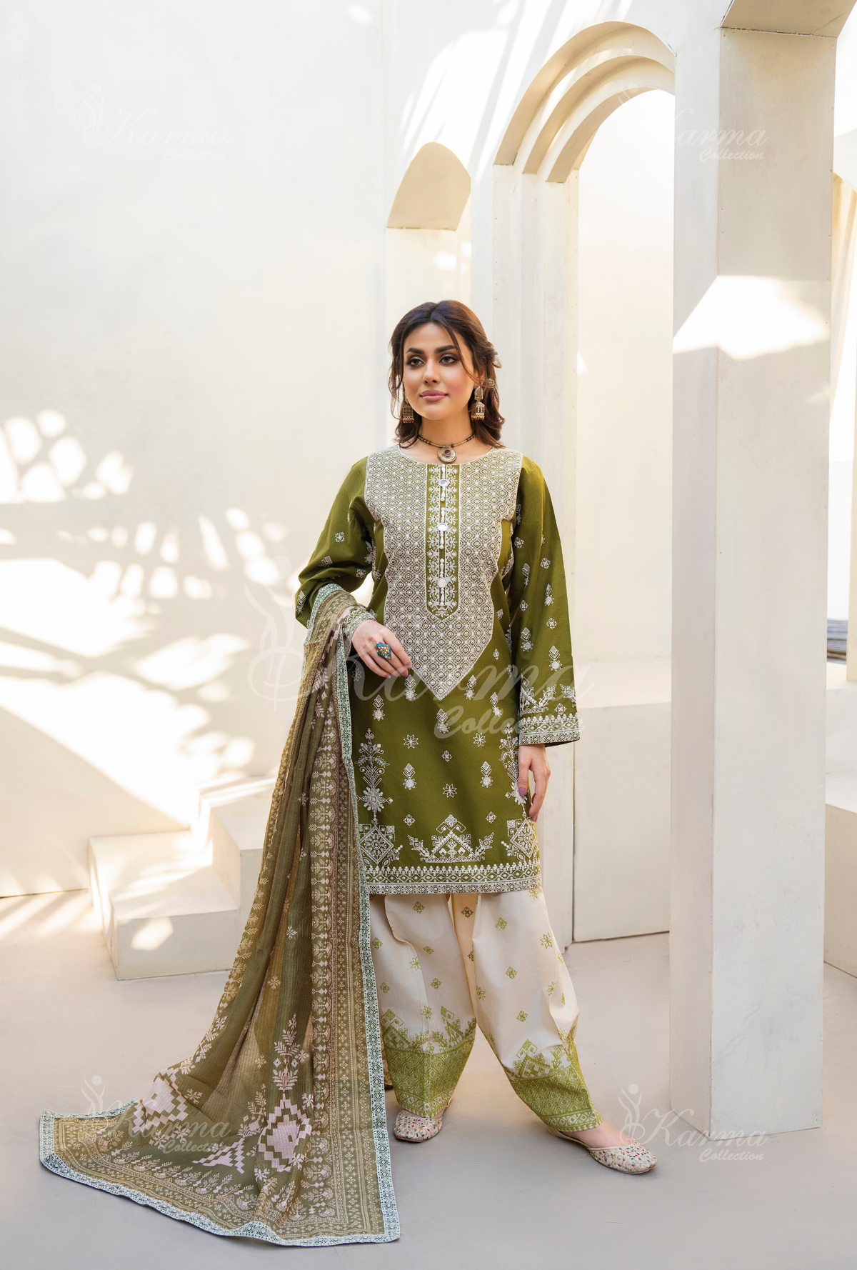 Karma Olive Chikankari Thread Work Farshi Shalwar 3 Piece Suit - Product Image 1