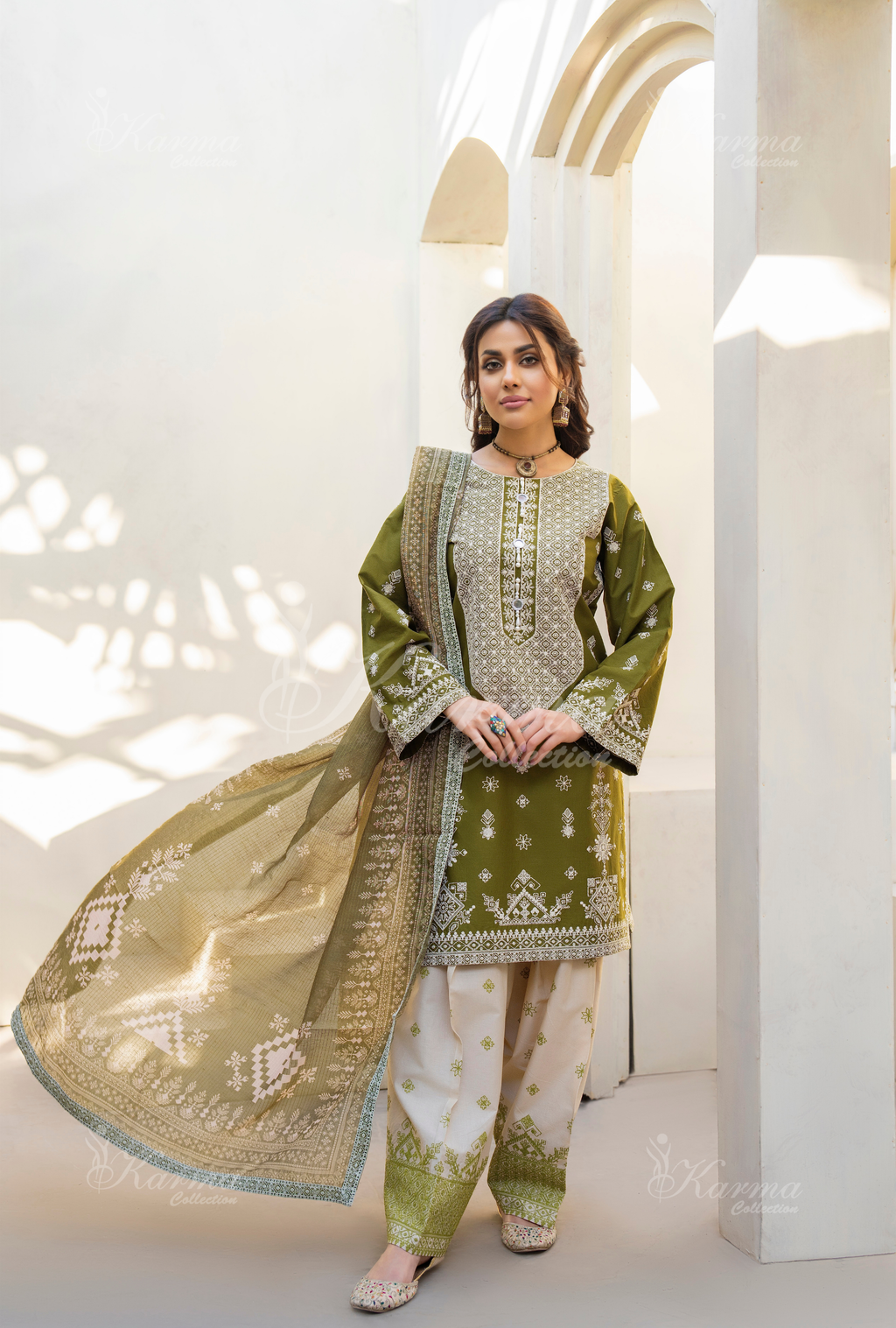 Karma Olive Chikankari Thread Work Farshi Shalwar 3 Piece Suit - Product Image 5