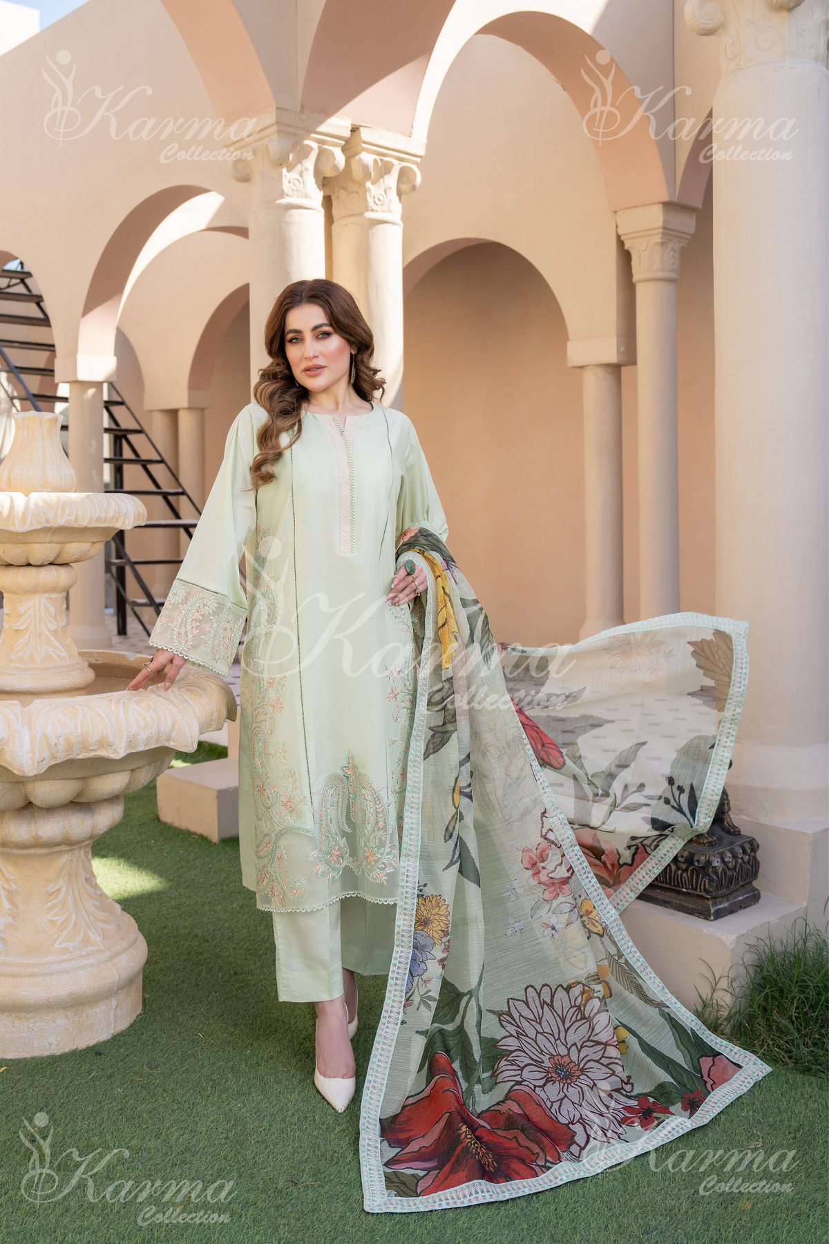 Karma Pastel Mint Chikankari Cotton 3 Piece Stitched Suit - Product Image 1