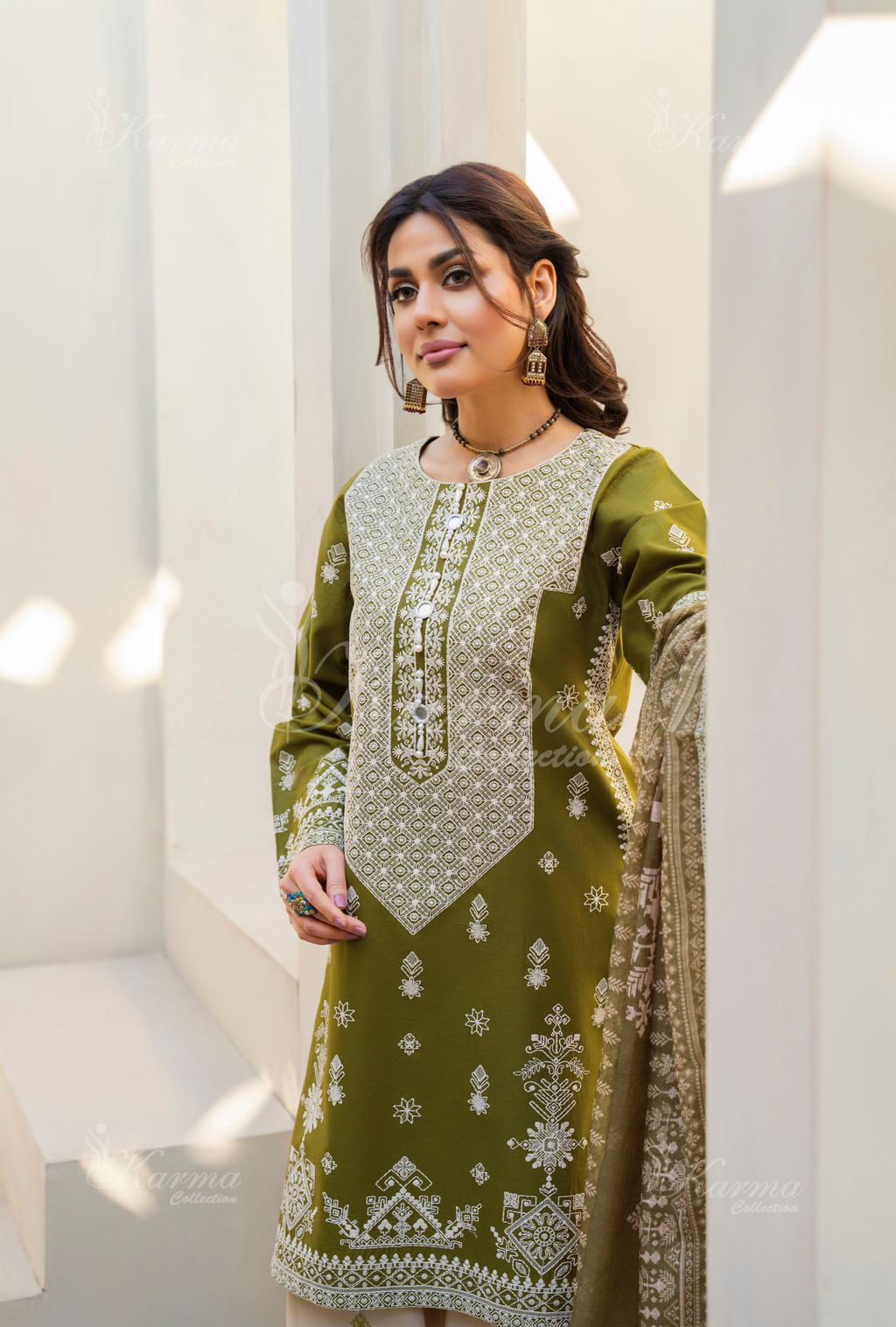 Karma Olive Chikankari Thread Work Farshi Shalwar 3 Piece Suit - Product Image 6