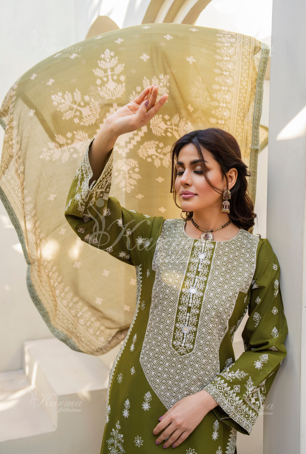 Karma Olive Chikankari Thread Work Farshi Shalwar 3 Piece Suit - Product Image 7