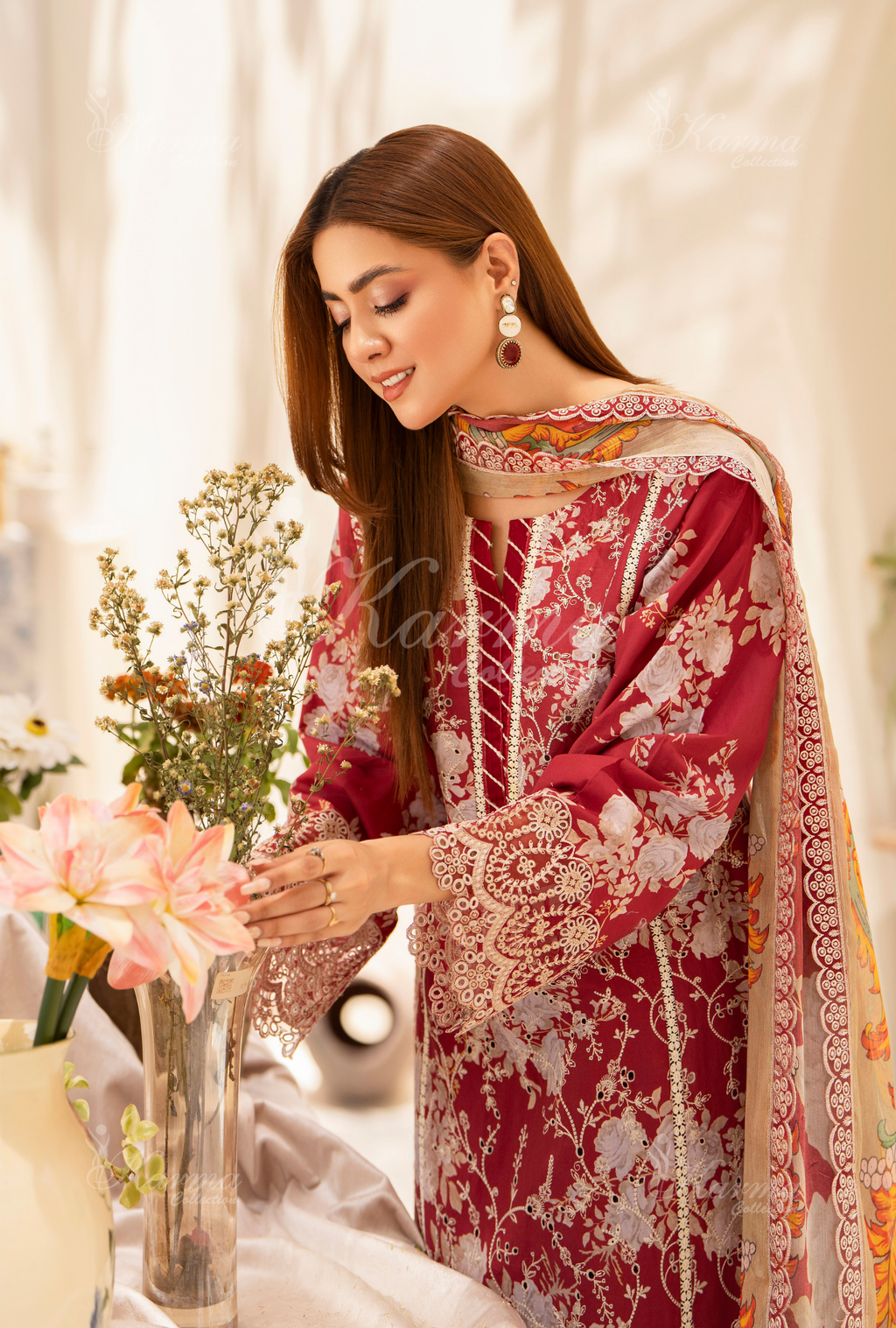 Karma Blush Red Chikankari Lawn 3 Piece Stitched Suit