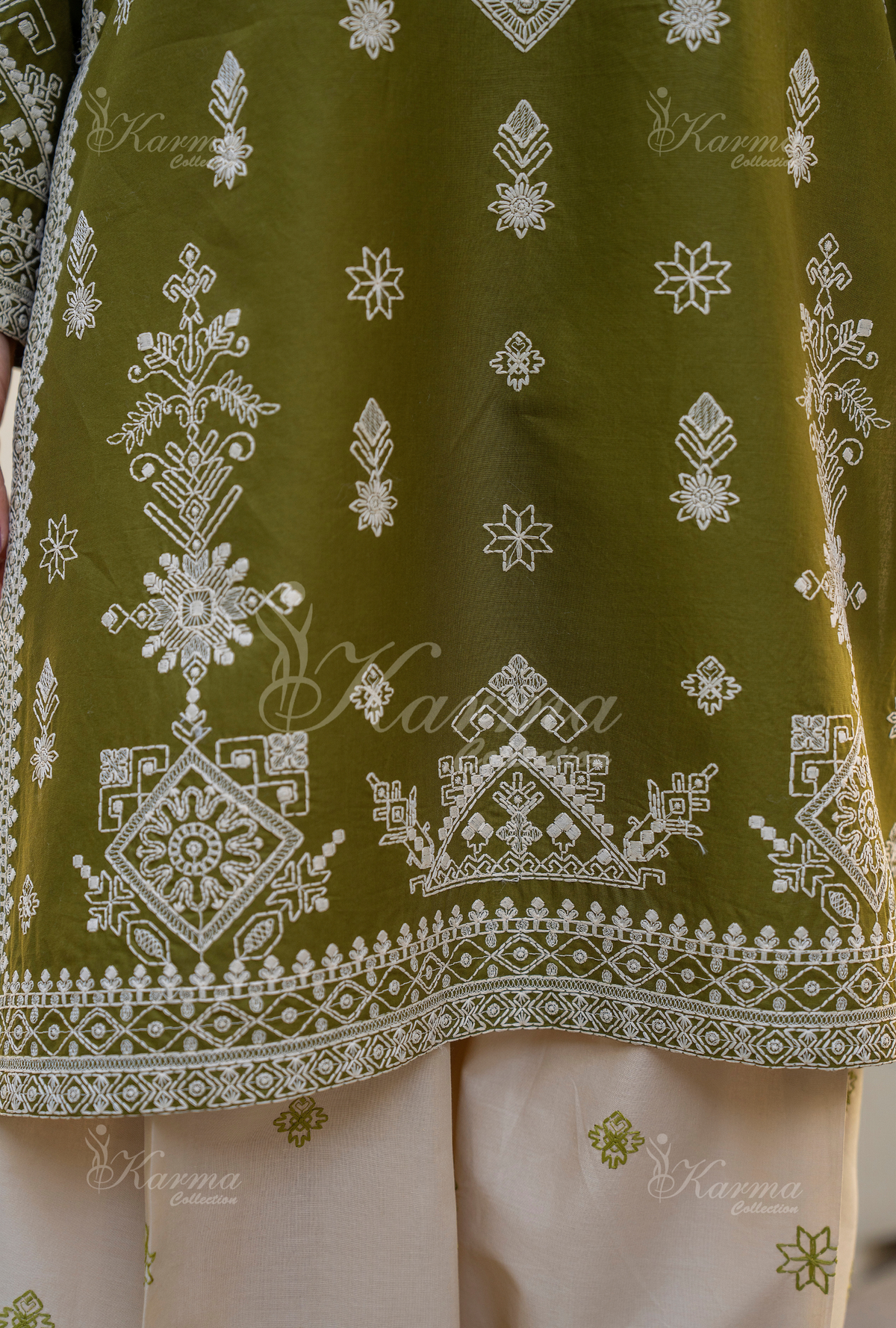 Karma Olive Chikankari Thread Work Farshi Shalwar 3 Piece Suit - Product Image 3