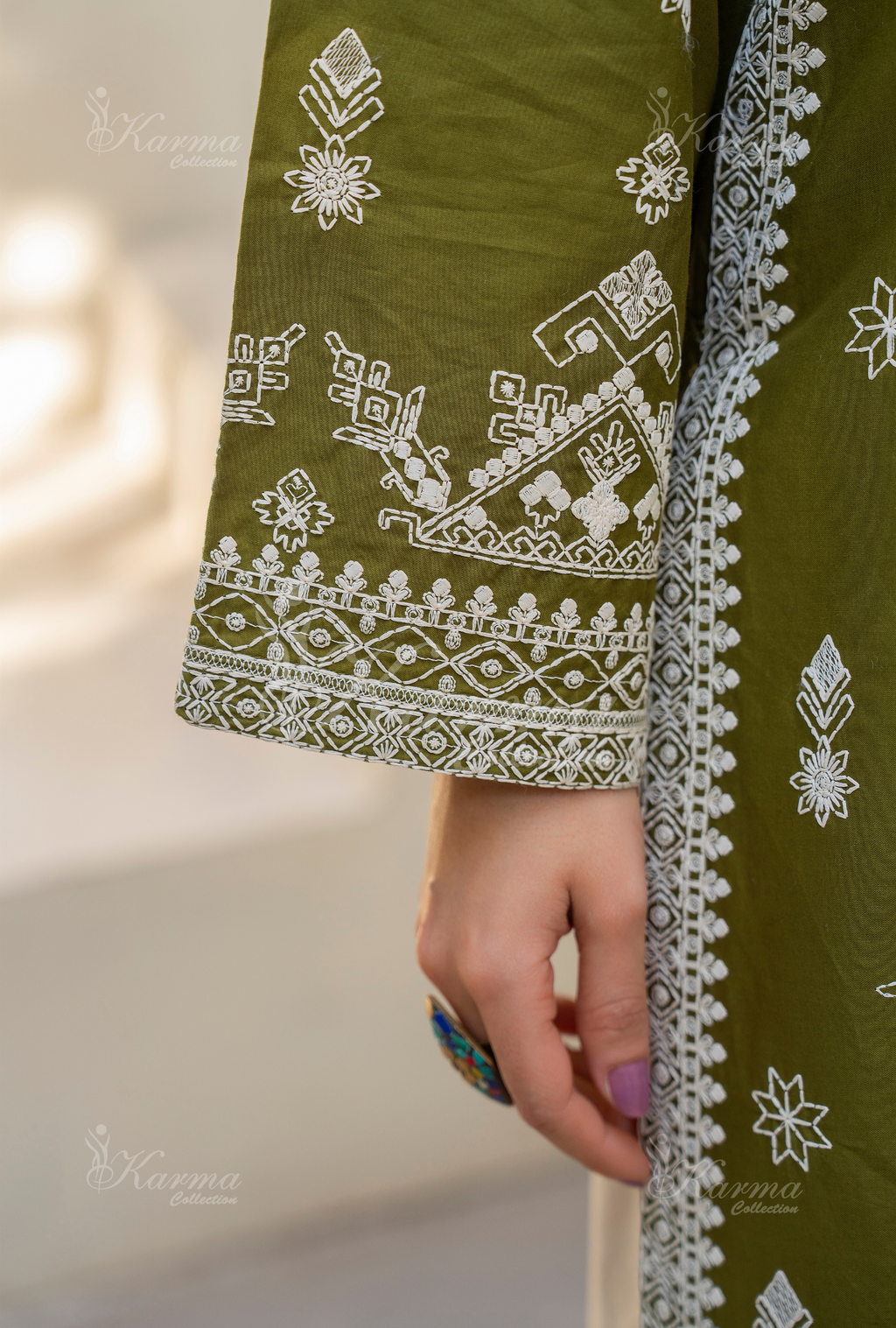 Karma Olive Chikankari Thread Work Farshi Shalwar 3 Piece Suit - Product Image 2