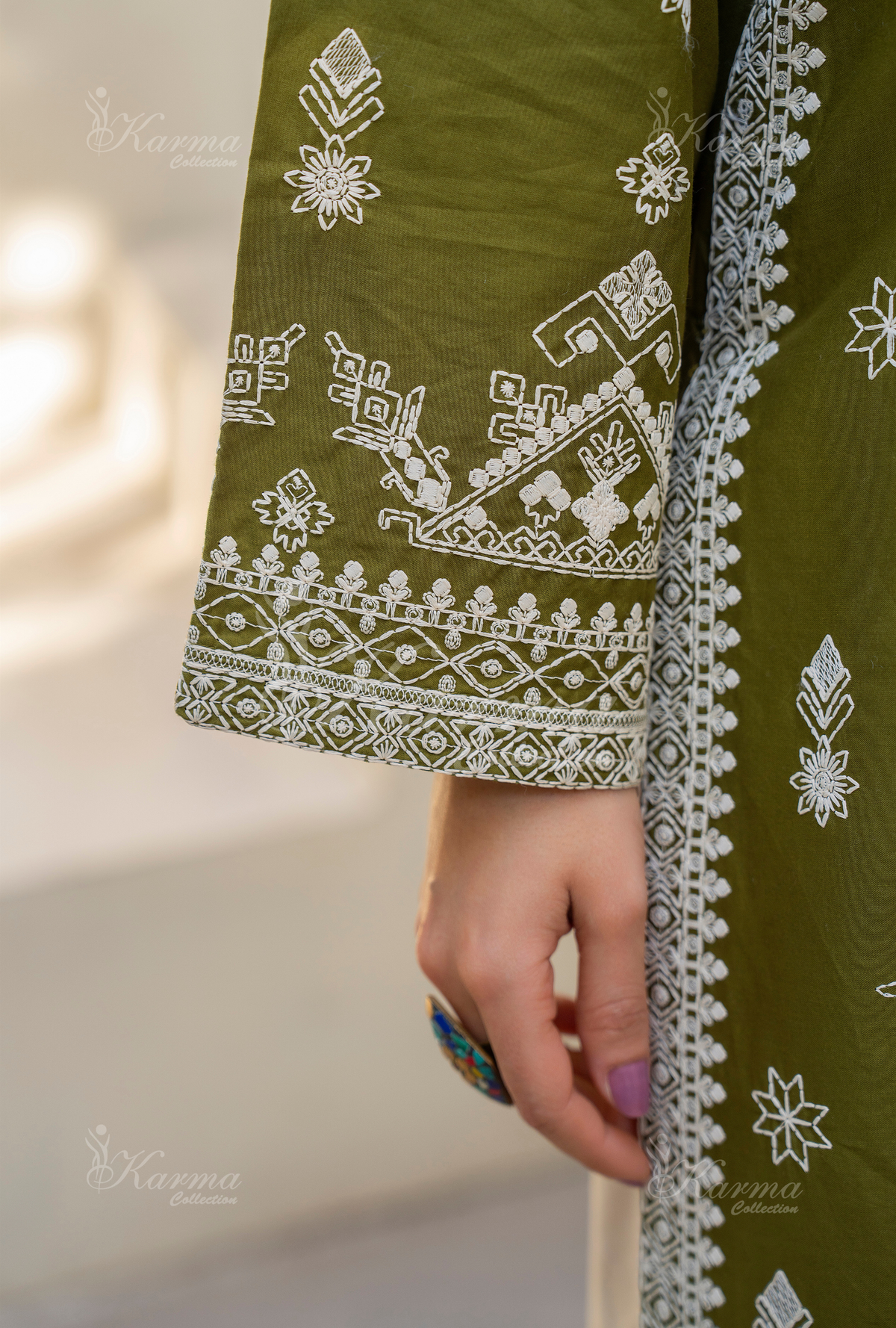 Karma Olive Chikankari Thread Work Farshi Shalwar 3 Piece Suit - Product Image 2