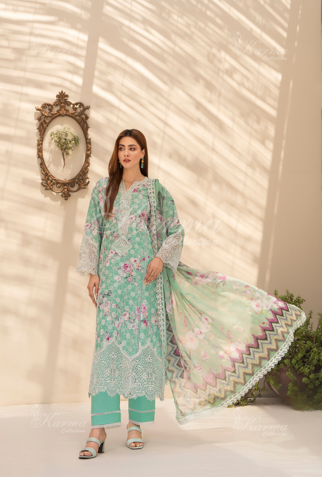 Karma Electric Blue Chikankari Lawn 3 Piece Stitched Suit