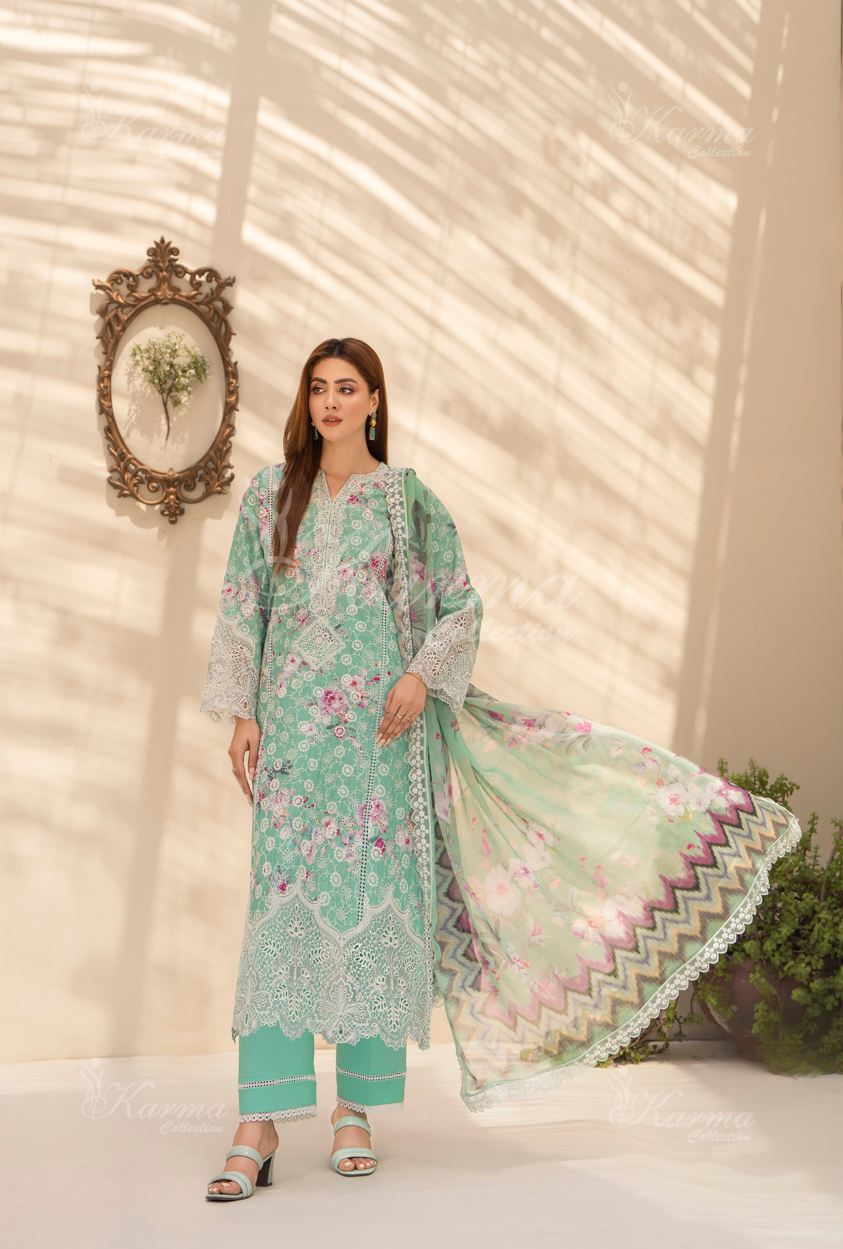 Karma Electric Blue Chikankari Lawn 3 Piece Stitched Suit