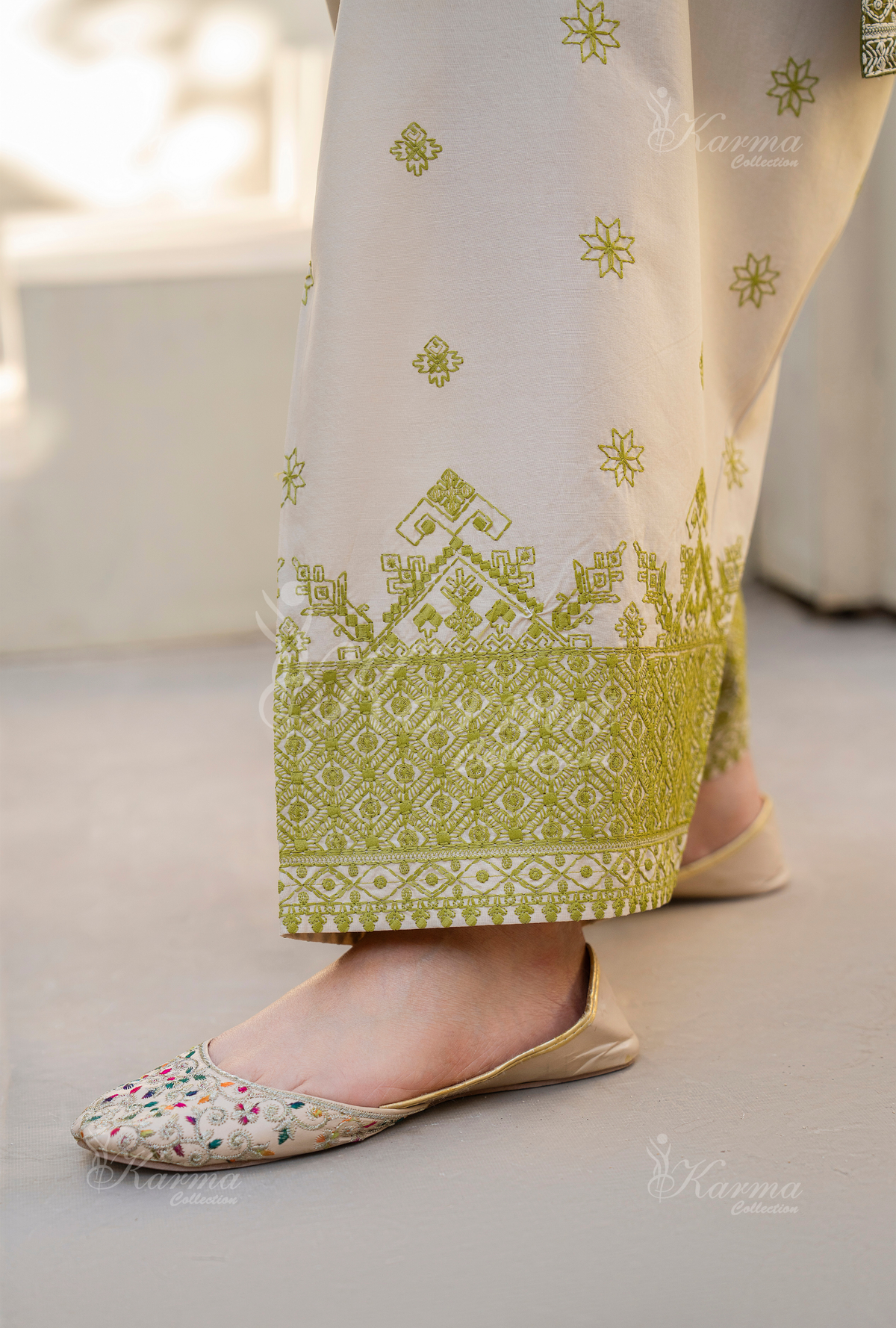 Karma Olive Chikankari Thread Work Farshi Shalwar 3 Piece Suit - Product Image 4
