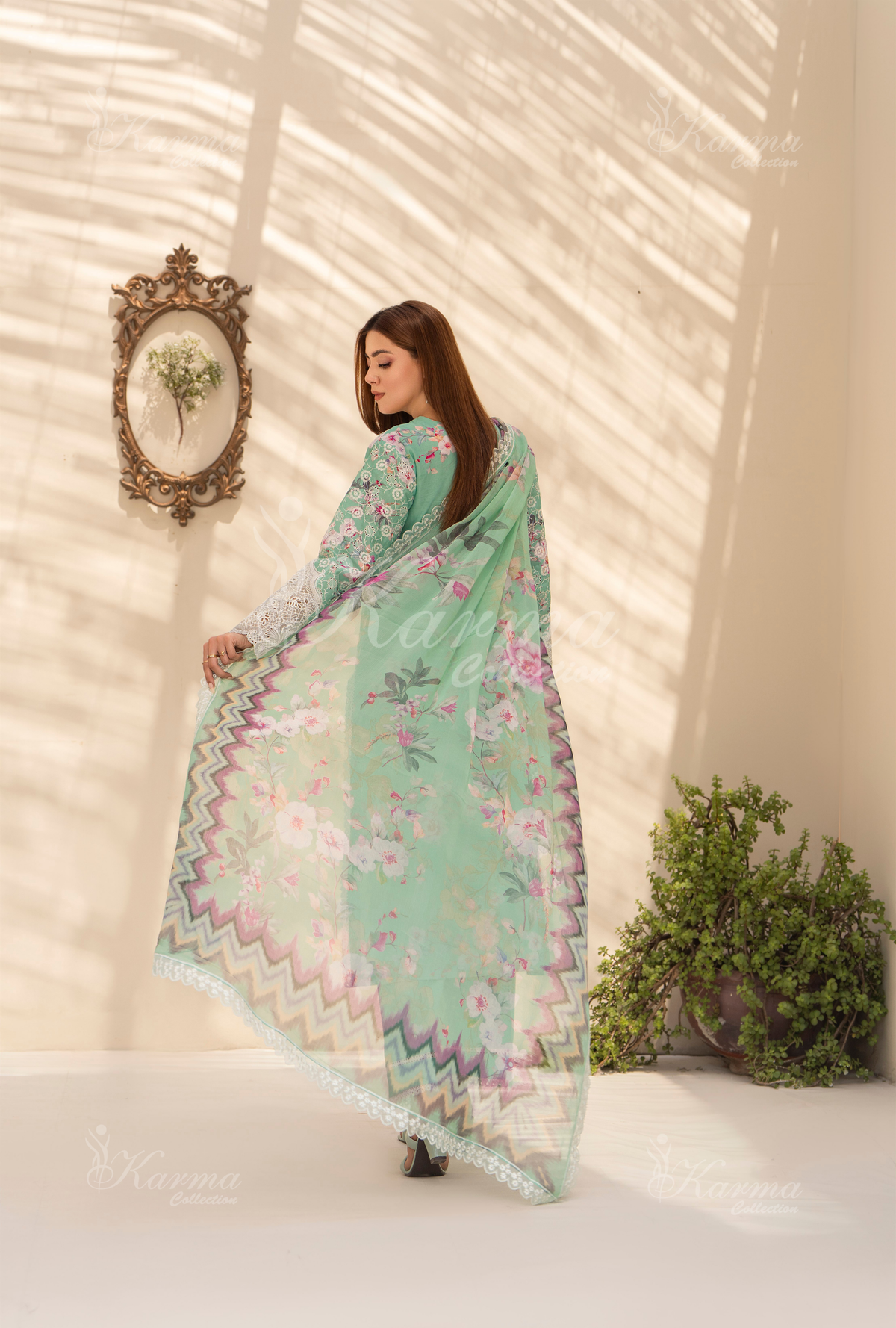 Karma Electric Blue Chikankari Lawn 3 Piece Stitched Suit