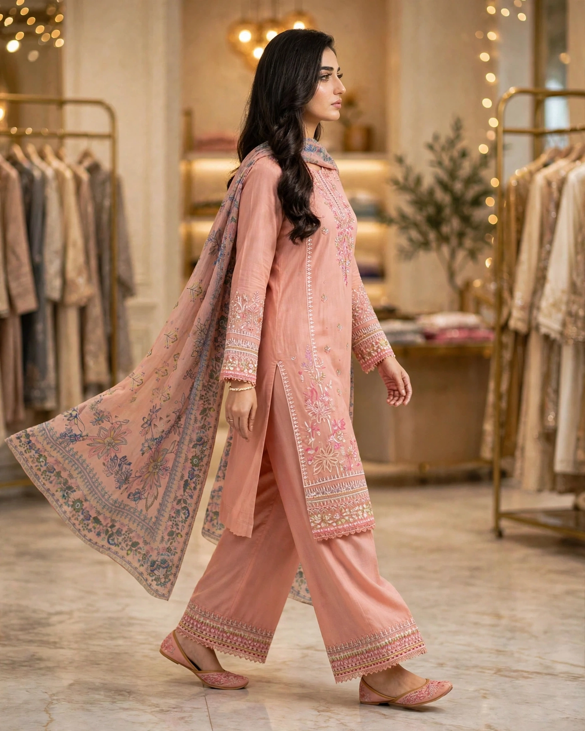Dusty Peach Pink | Pure Cotton Long Shirt & Palazzo | Multicolor Floral Digital Dupatta | Sequence Tilla Zari | Luxury Festive