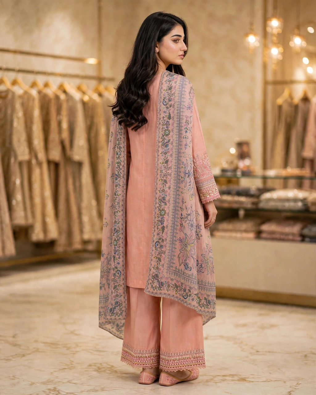 Dusty Peach Pink | Pure Cotton Long Shirt & Palazzo | Multicolor Floral Digital Dupatta | Sequence Tilla Zari | Luxury Festive