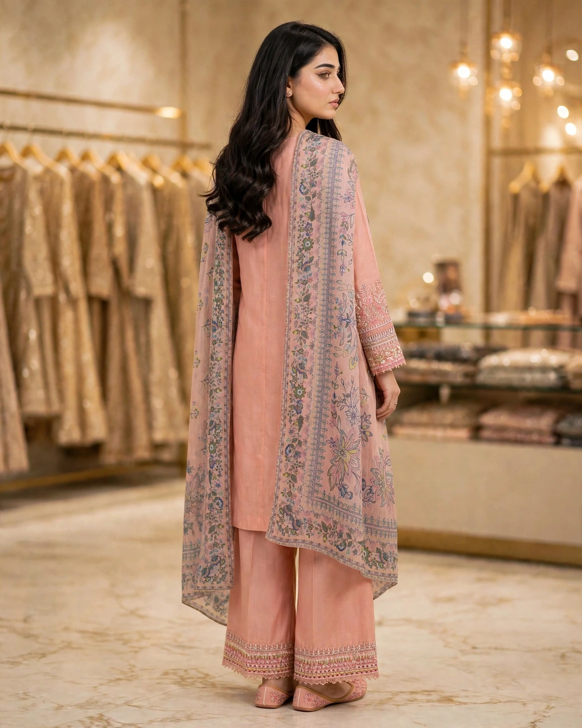 Dusty Peach Pink | Pure Cotton Long Shirt & Palazzo | Multicolor Floral Digital Dupatta | Sequence Tilla Zari | Luxury Festive